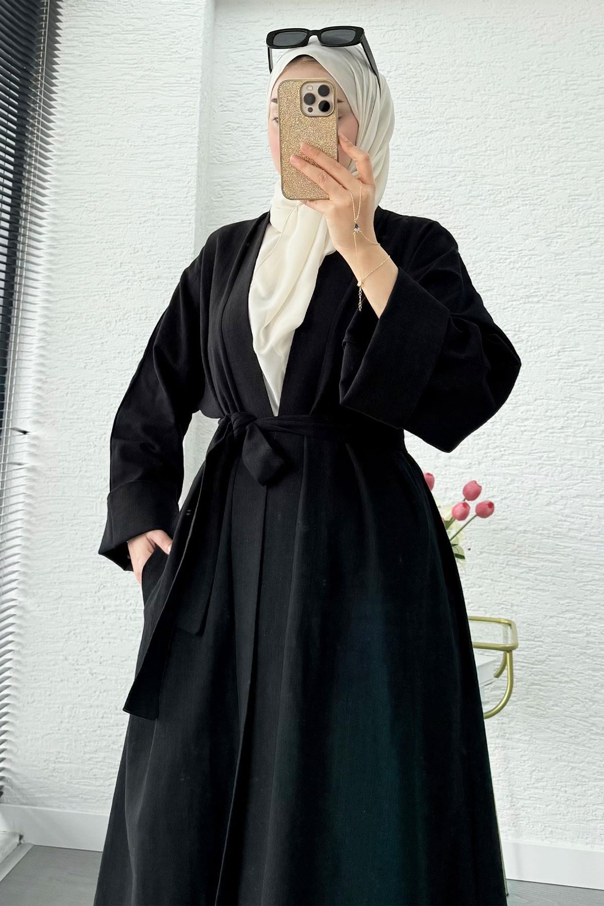 Premium Natural Aysha Keten Abaya Takım – Siyah