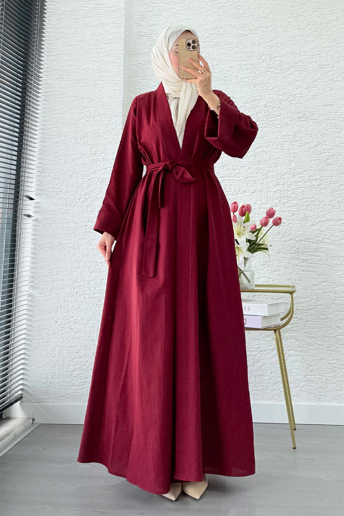 Premium Natural Aysha Keten Abaya Takım – Bordo