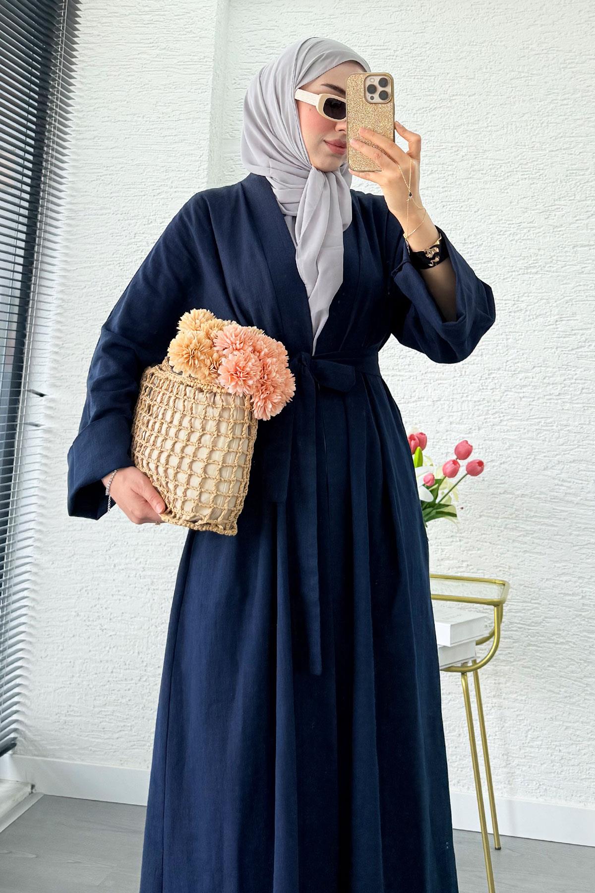 Premium Natural Aysha Keten Abaya Takım – Lacivert