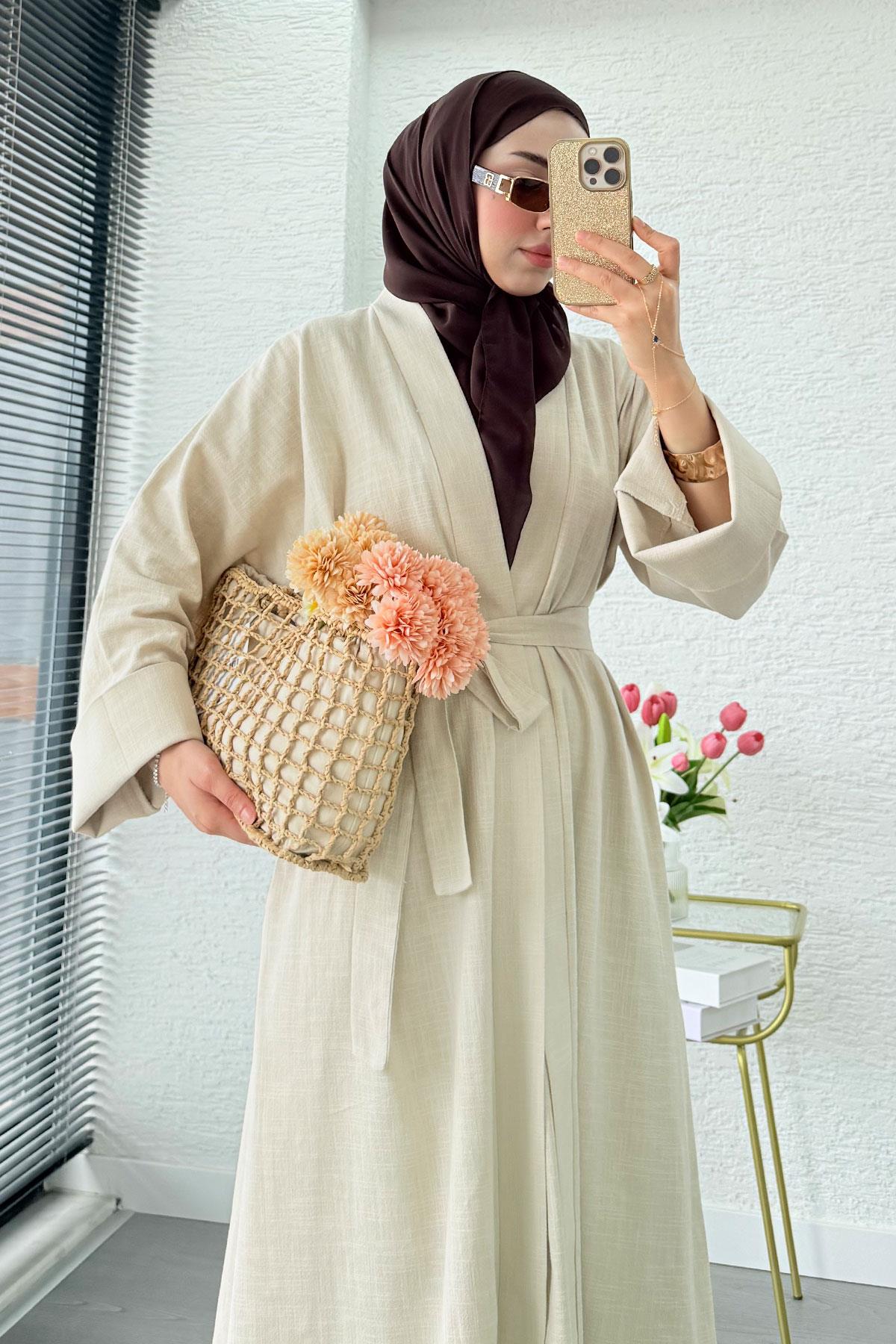 Premium Natural Aysha Keten Abaya Takım – Bej