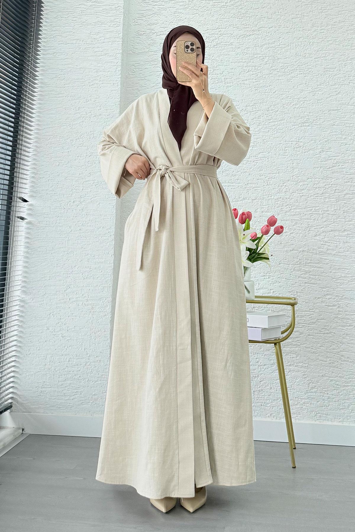 Premium Natural Aysha Keten Abaya Takım – Bej