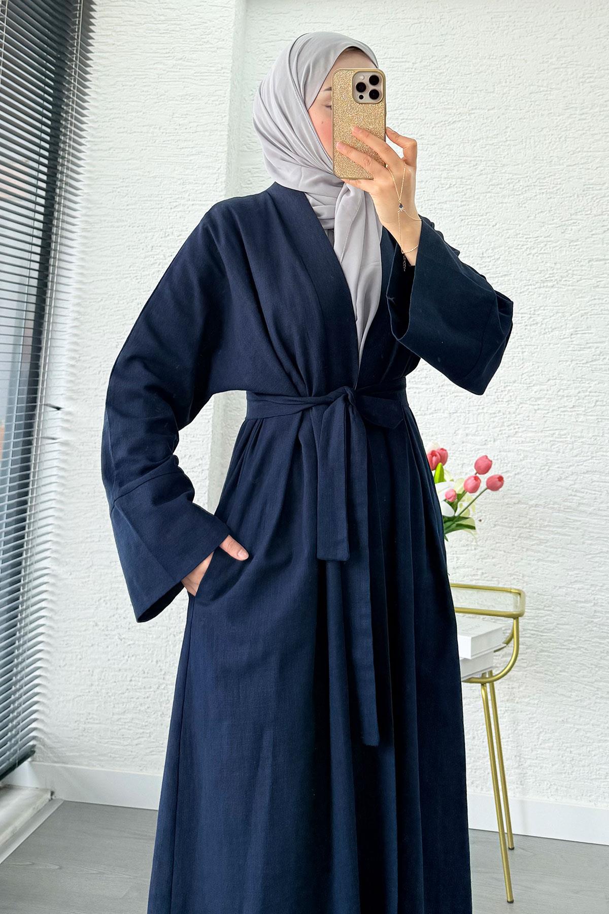 Premium Natural Aysha Keten Abaya Takım – Lacivert