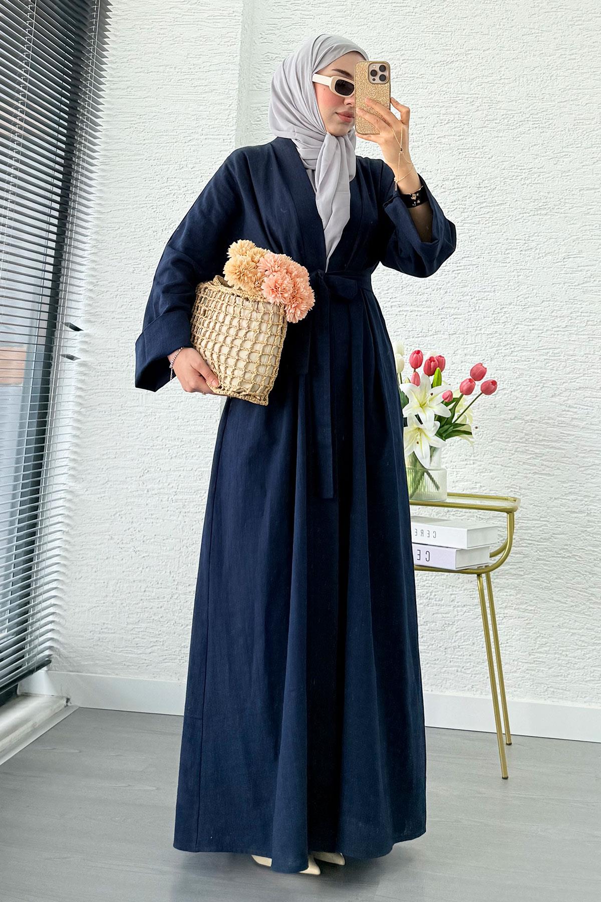 Premium Natural Aysha Keten Abaya Takım – Lacivert