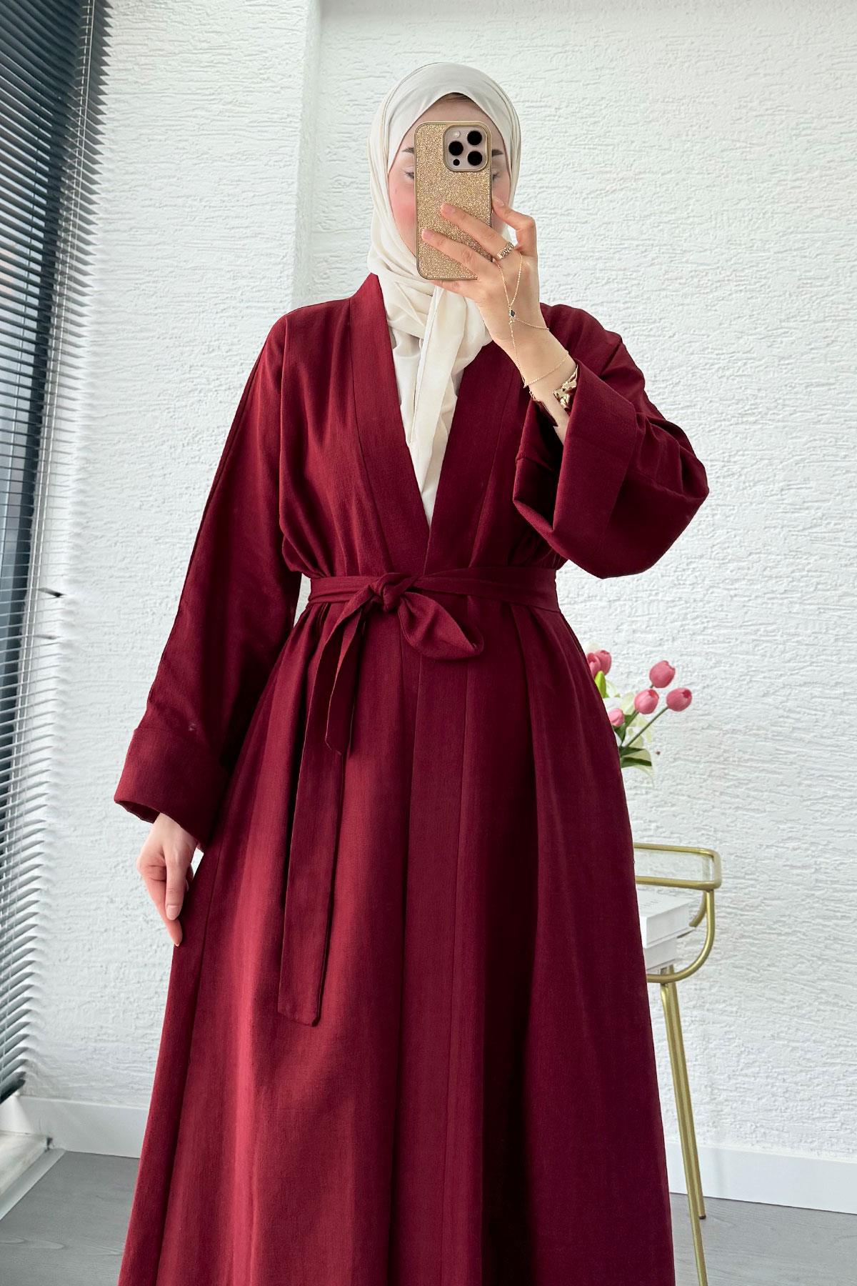 Premium Natural Aysha Keten Abaya Takım – Bordo