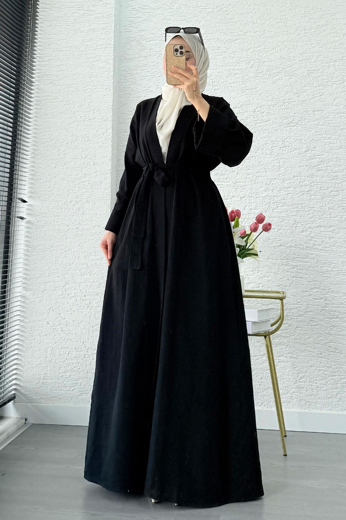 Premium Natural Aysha Keten Abaya Takım – Siyah