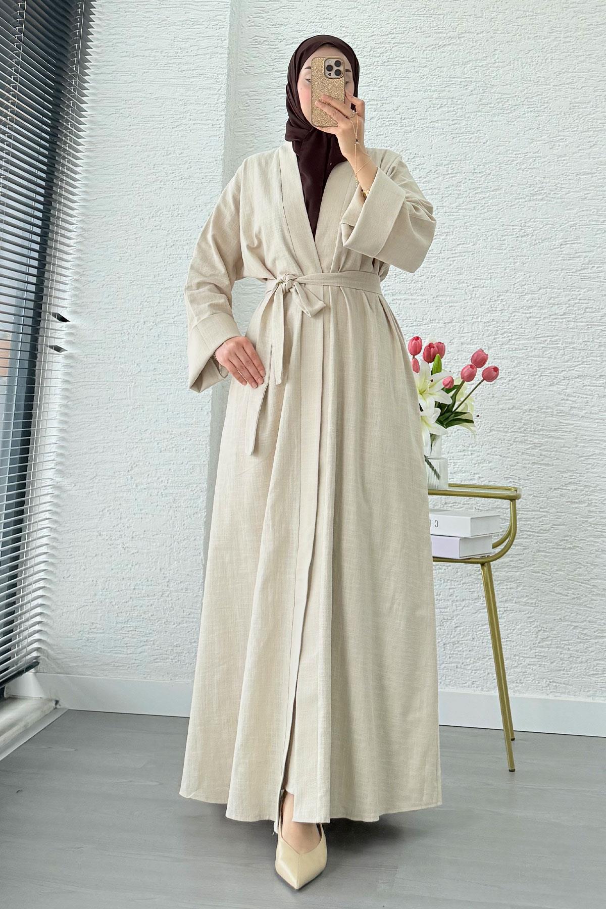Premium Natural Aysha Keten Abaya Takım – Bej