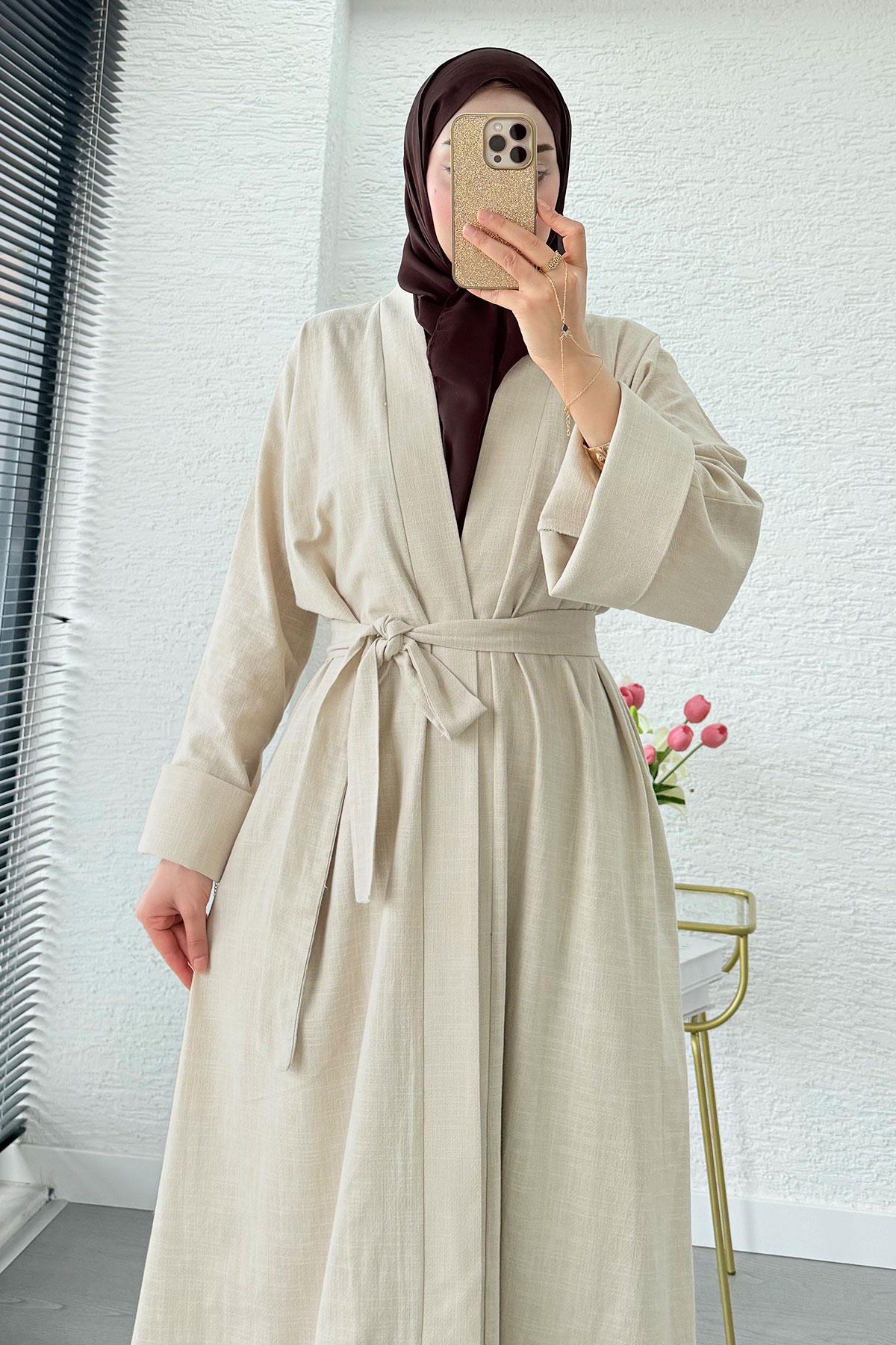 Premium Natural Aysha Keten Abaya Takım – Bej