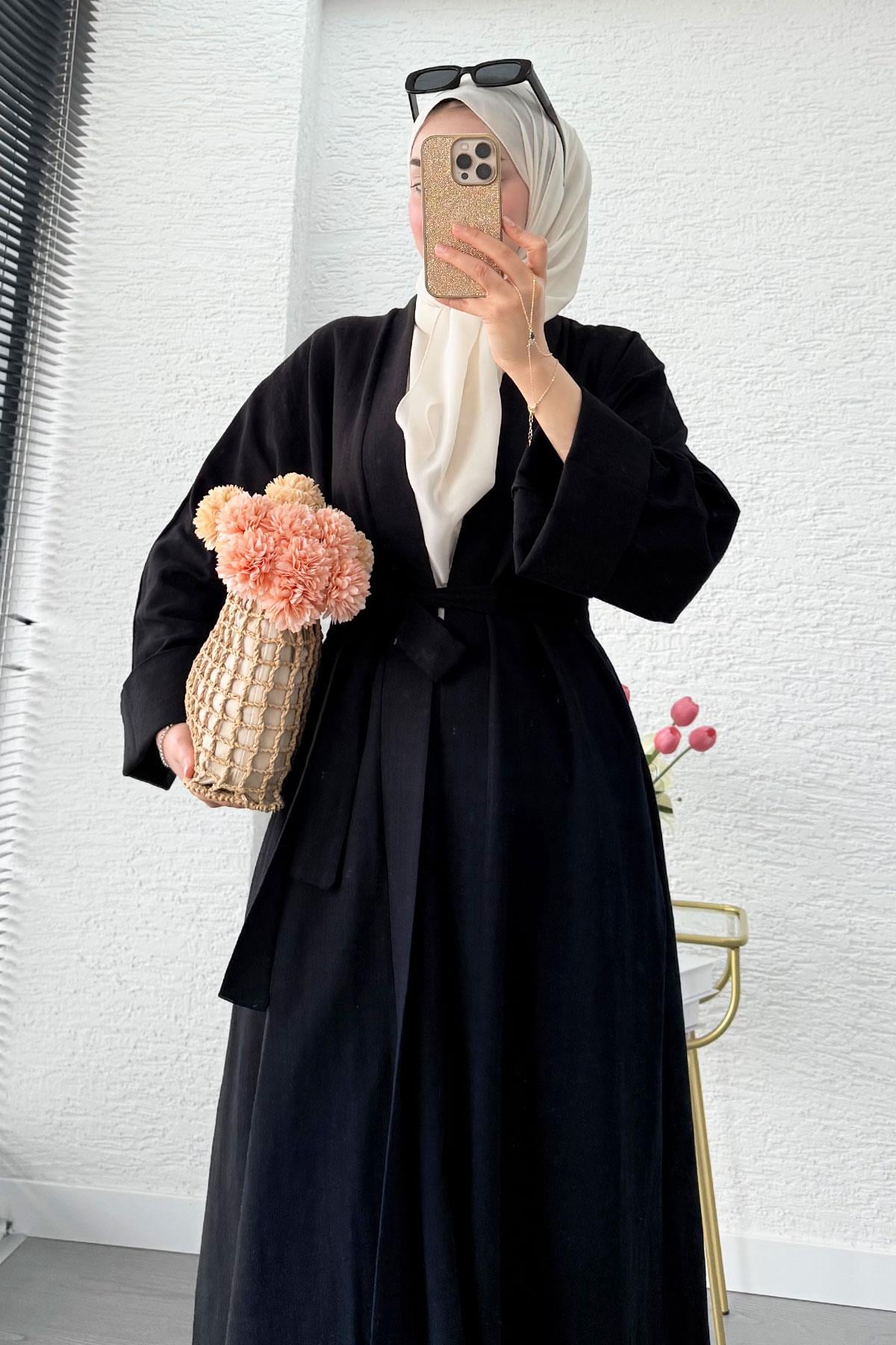 Premium Natural Aysha Keten Abaya Takım – Siyah