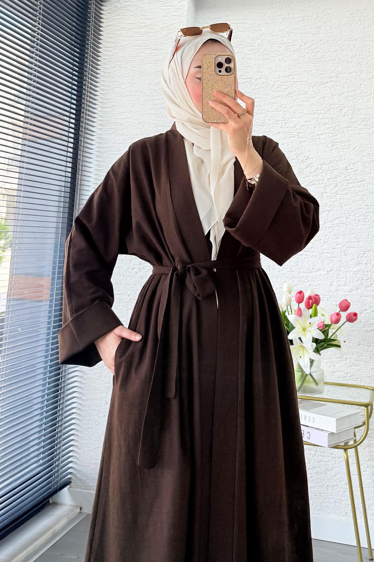 Premium Natural Aysha Keten Abaya Takım – Kahverengi