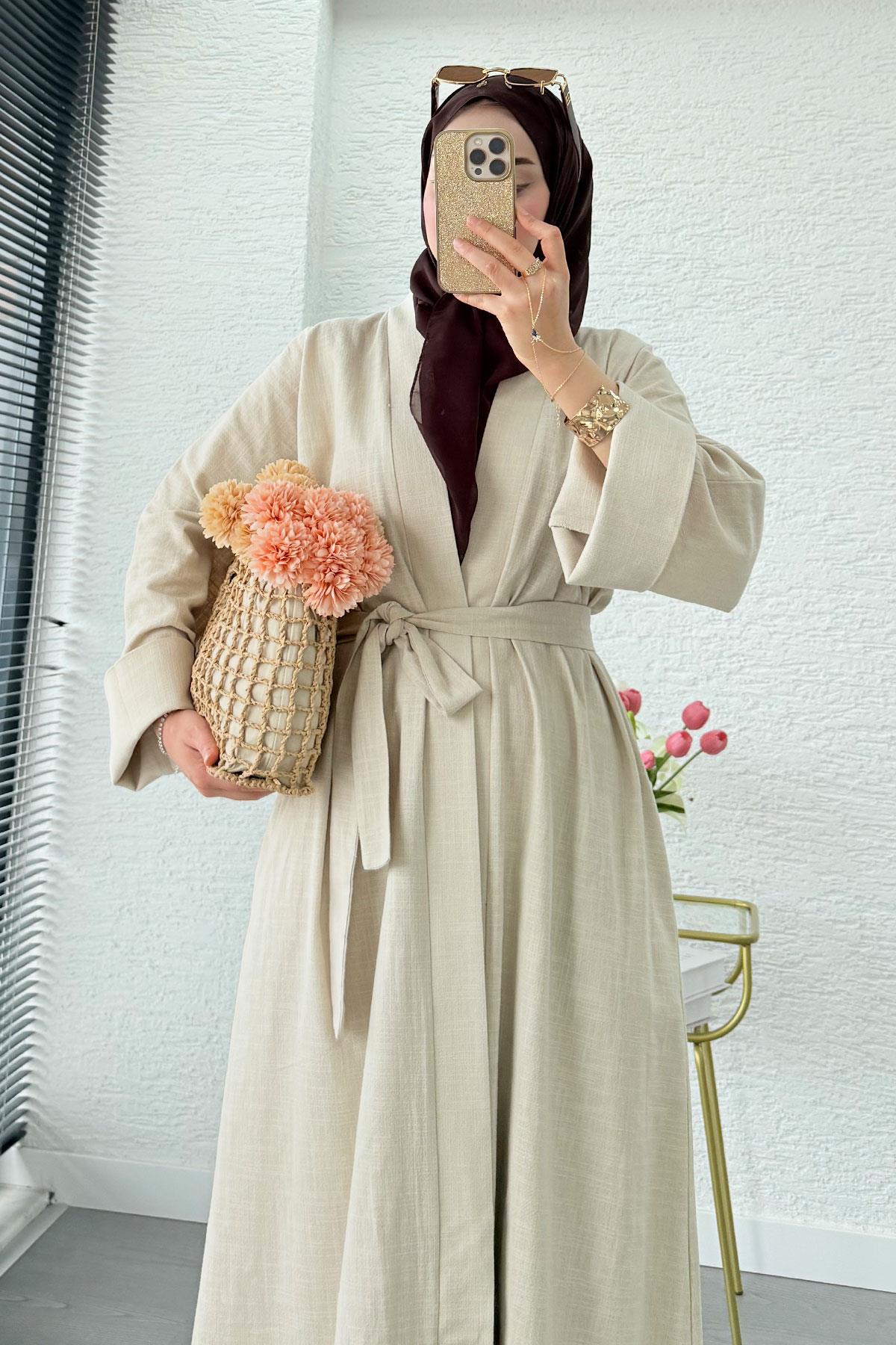 Premium Natural Aysha Keten Abaya Takım – Bej