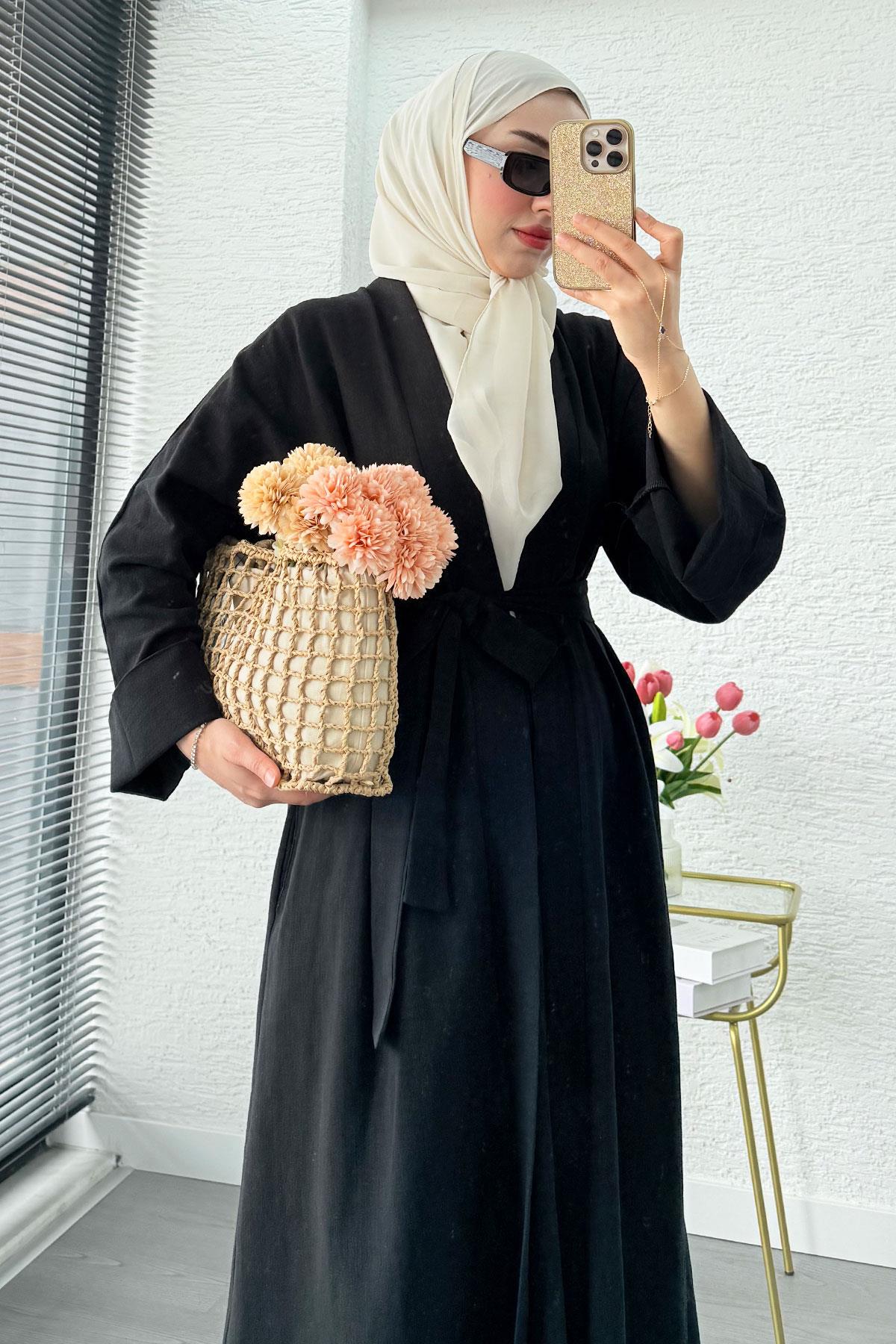 Premium Natural Aysha Keten Abaya Takım – Siyah