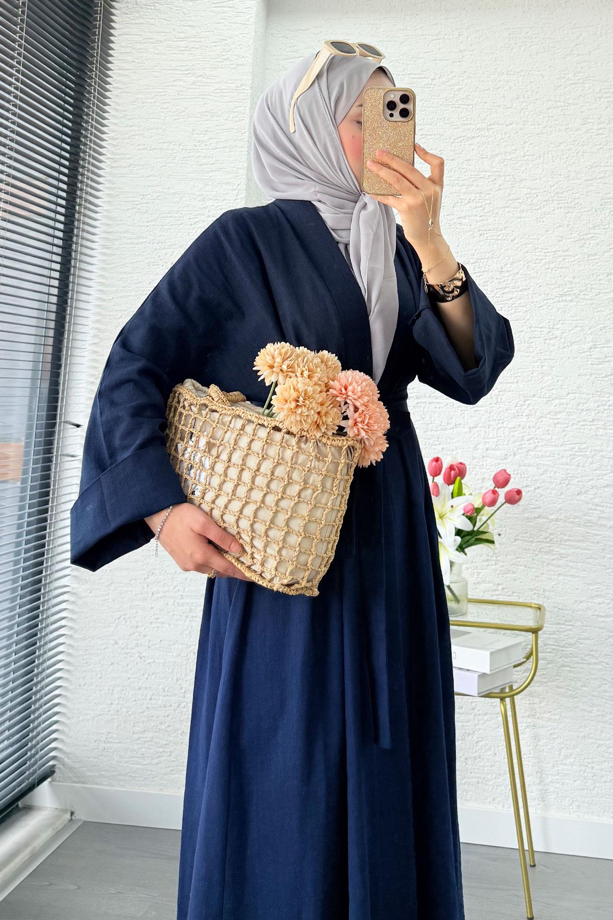 Premium Natural Aysha Keten Abaya Takım – Lacivert