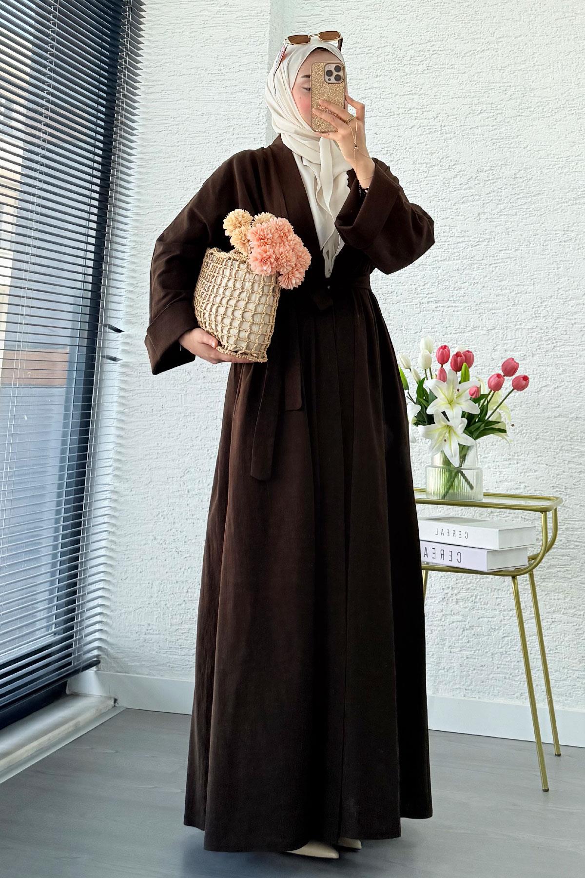 Premium Natural Aysha Keten Abaya Takım – Kahverengi