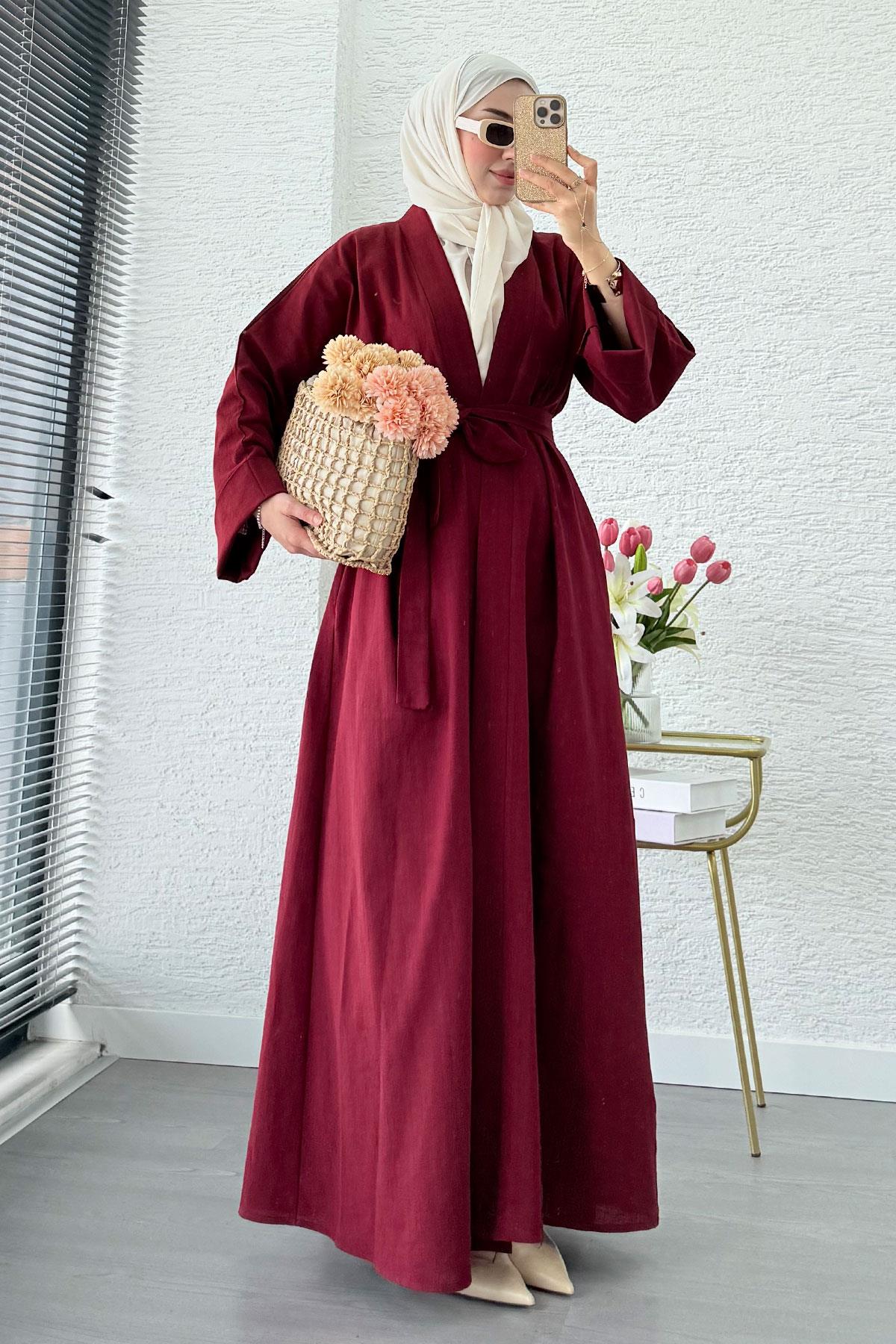 Premium Natural Aysha Keten Abaya Takım – Bordo