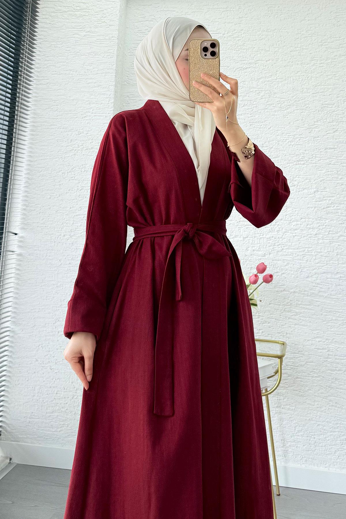Premium Natural Aysha Keten Abaya Takım – Bordo
