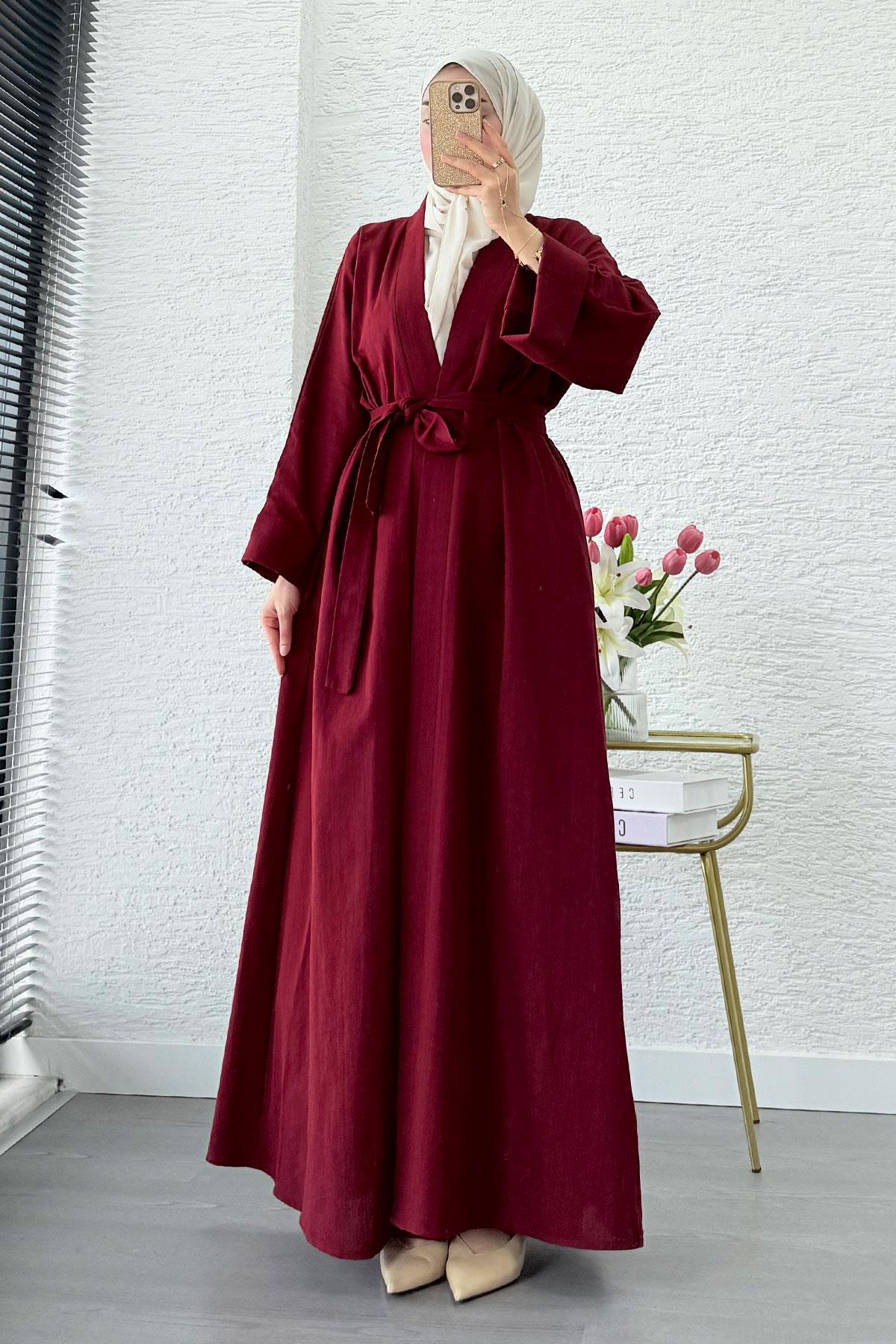Premium Natural Aysha Keten Abaya Takım – Bordo