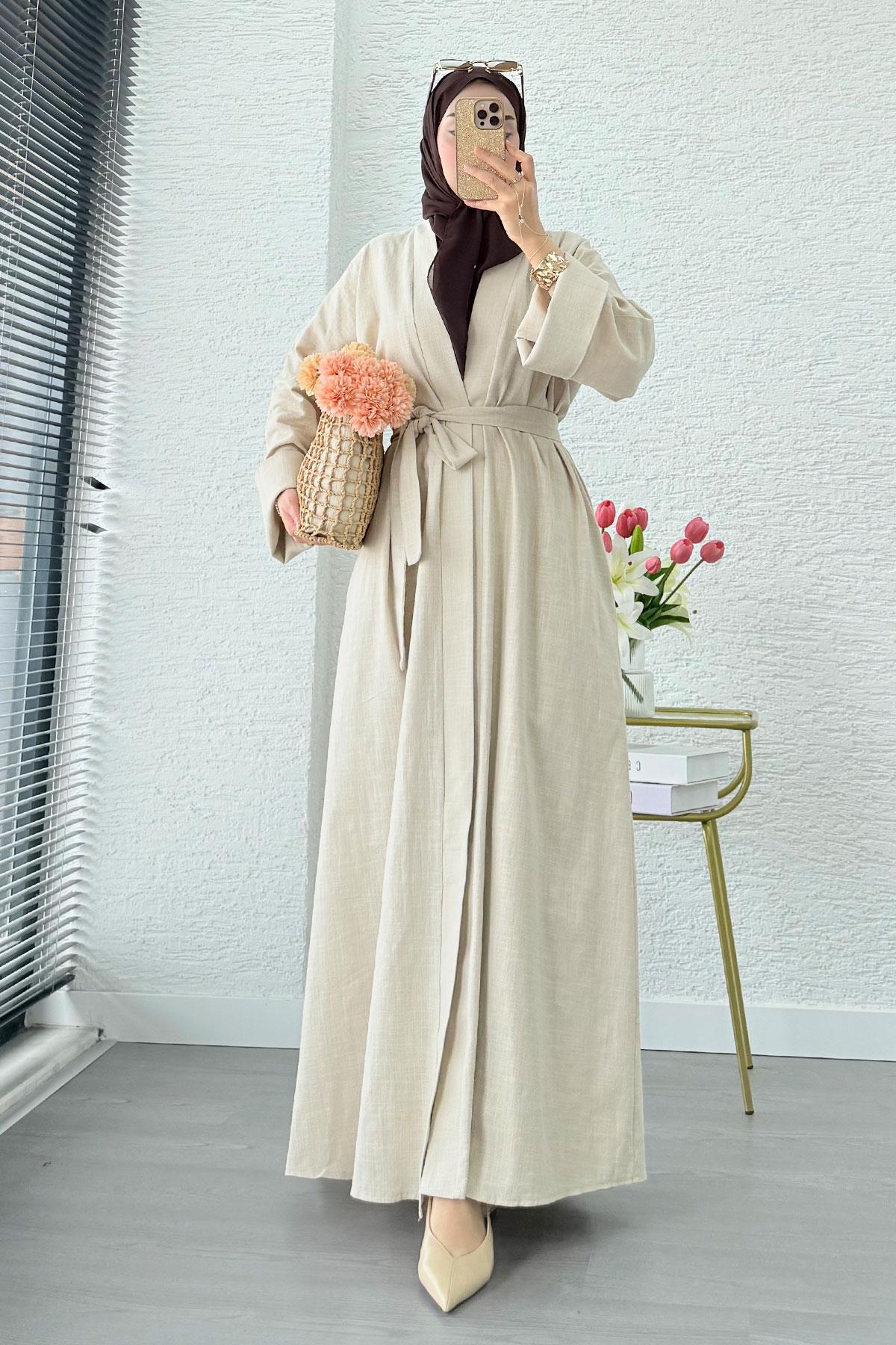Premium Natural Aysha Keten Abaya Takım – Bej