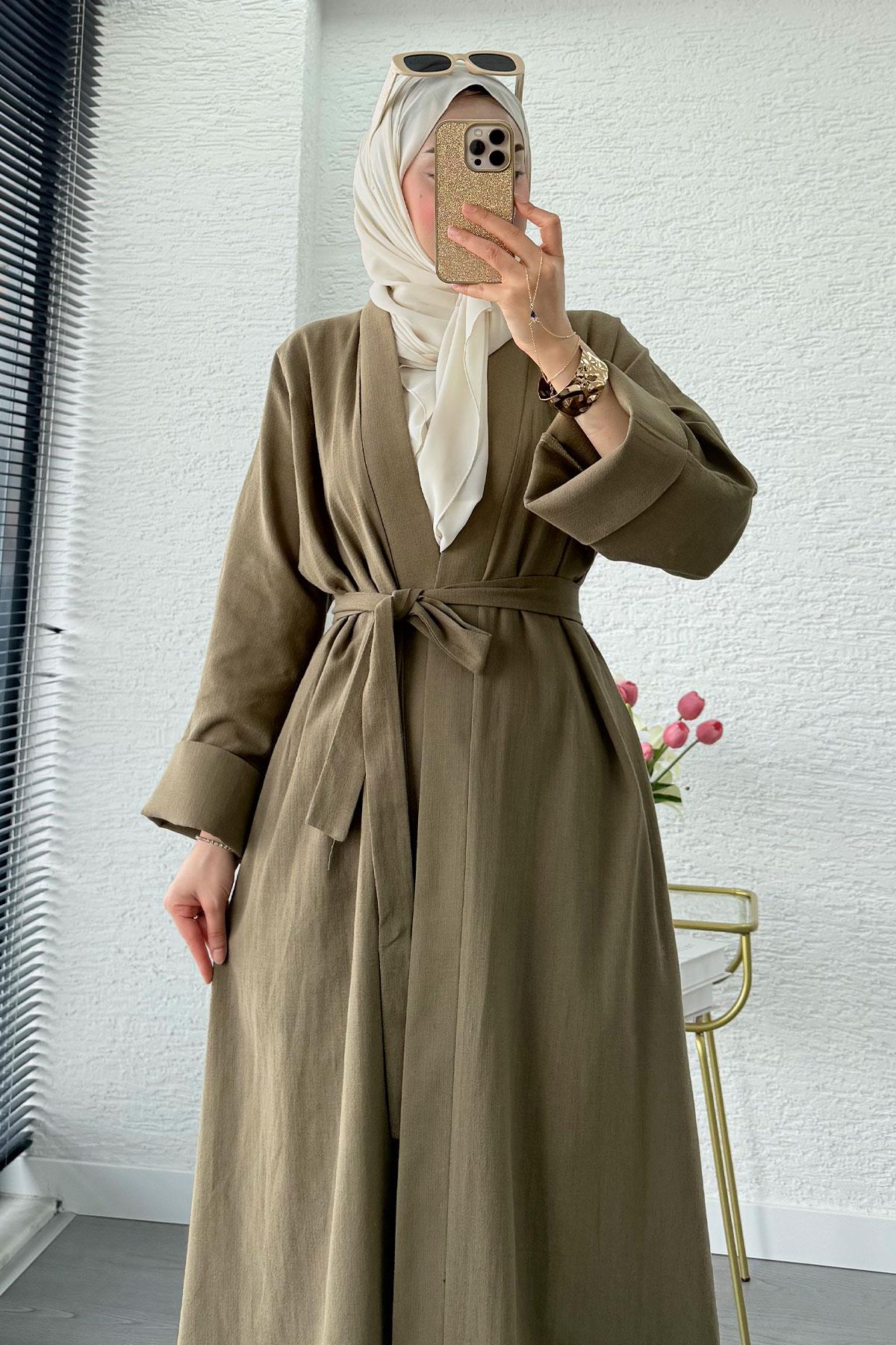 Premium Natural Aysha Keten Abaya Takım – Haki