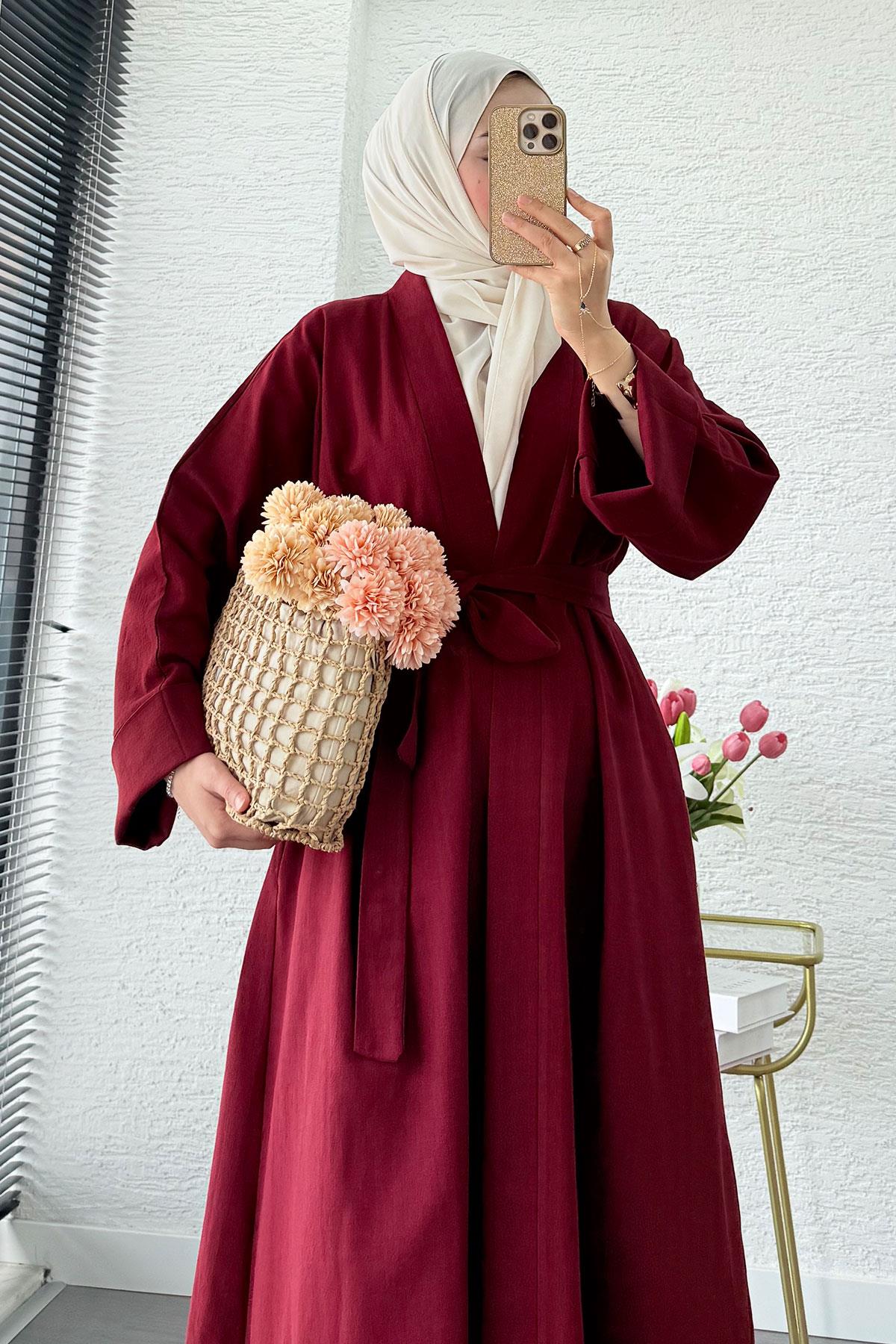 Premium Natural Aysha Keten Abaya Takım – Bordo