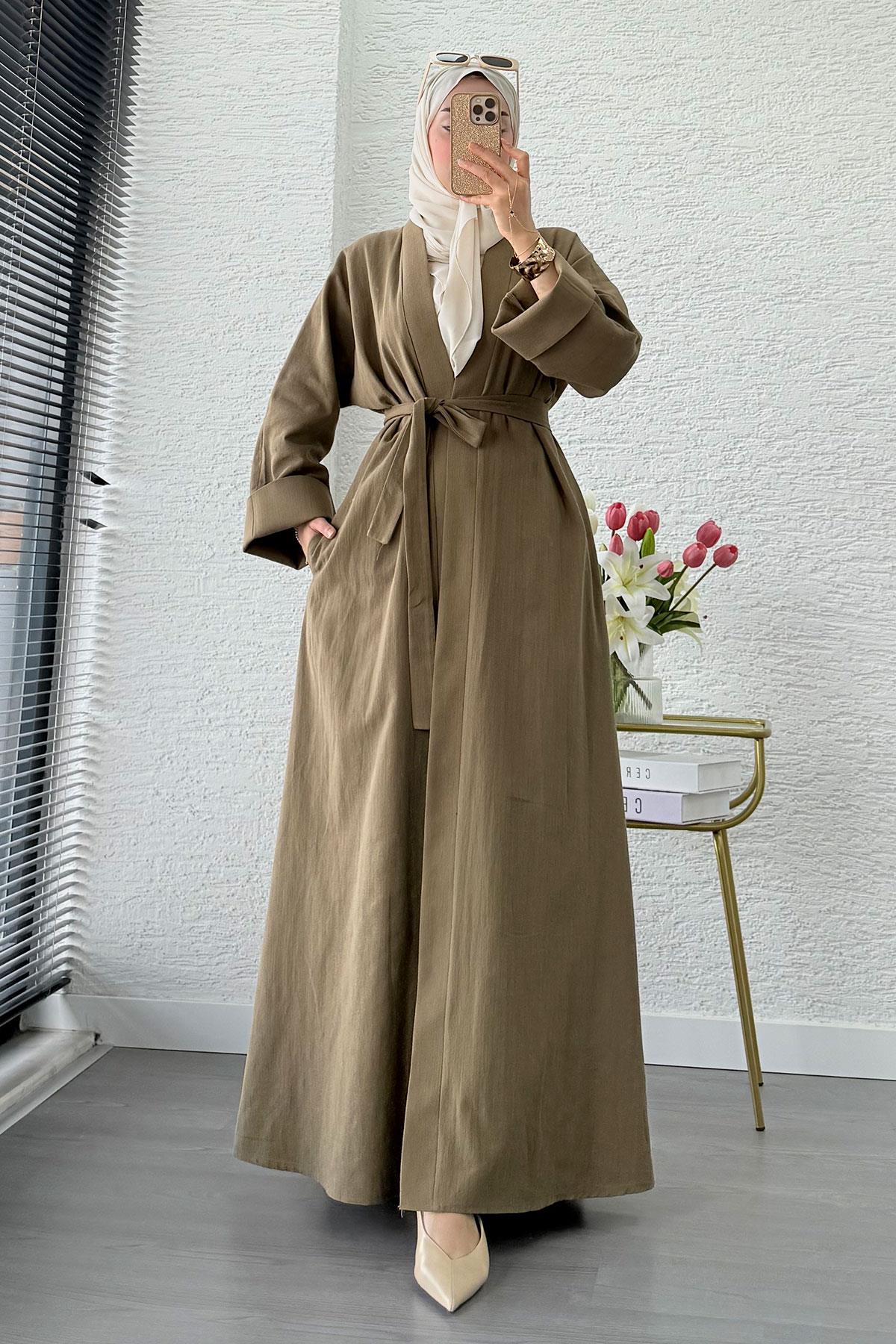 Premium Natural Aysha Keten Abaya Takım – Haki