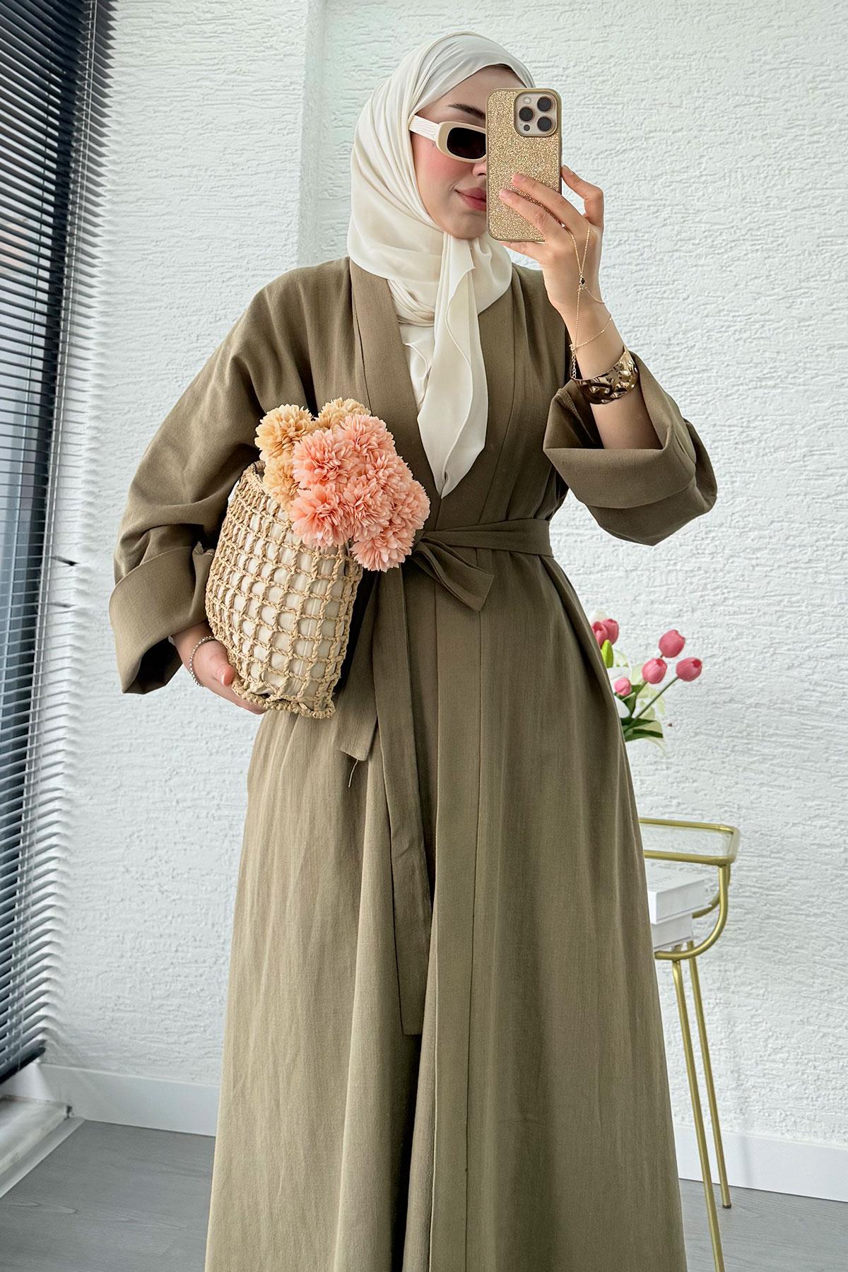 Premium Natural Aysha Keten Abaya Takım – Haki