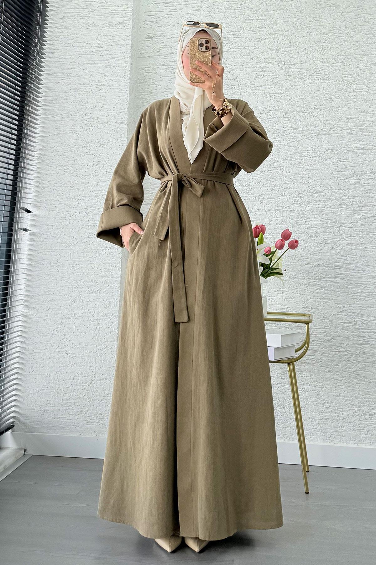 Premium Natural Aysha Keten Abaya Takım – Haki