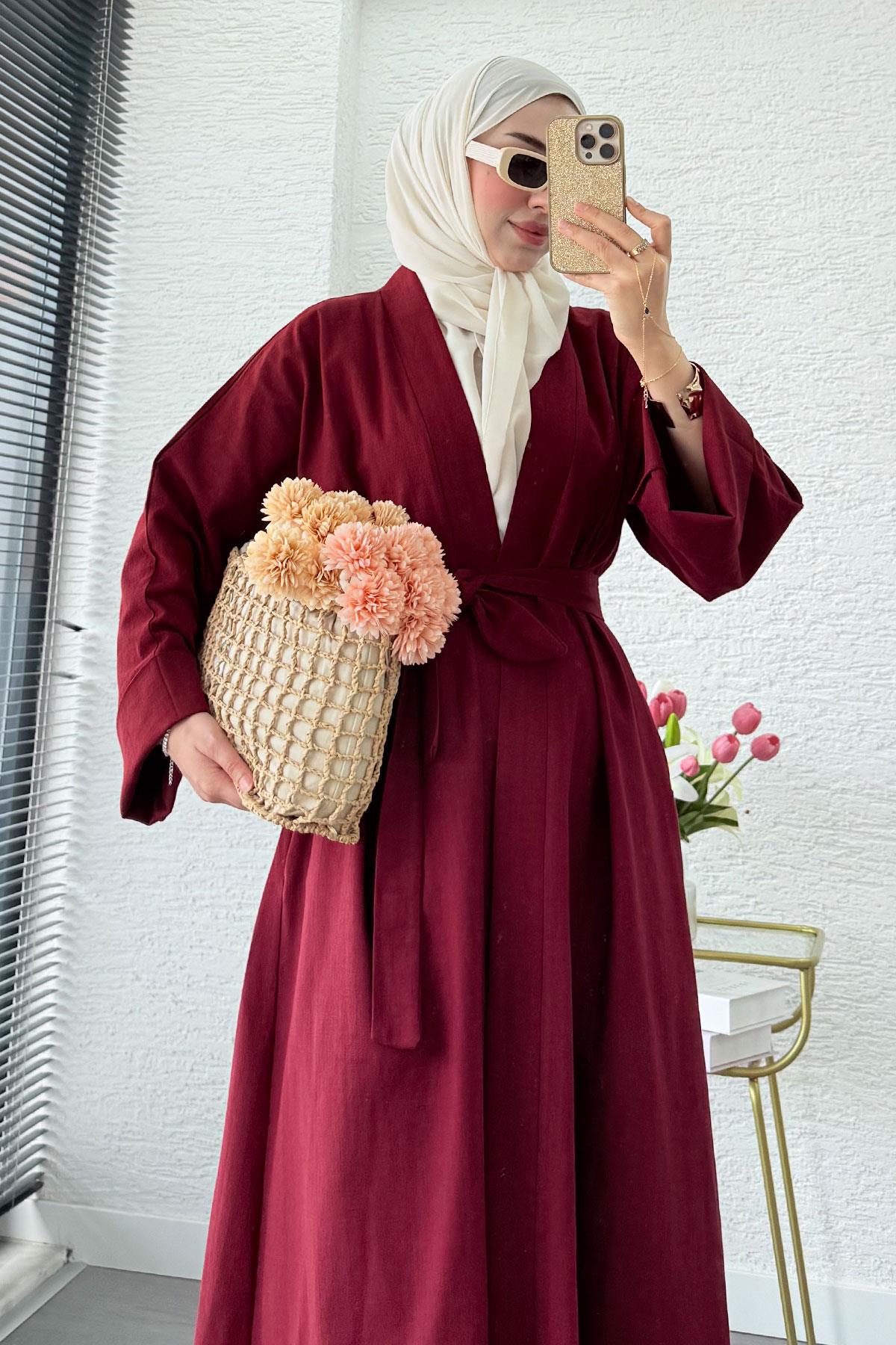 Premium Natural Aysha Keten Abaya Takım – Bordo