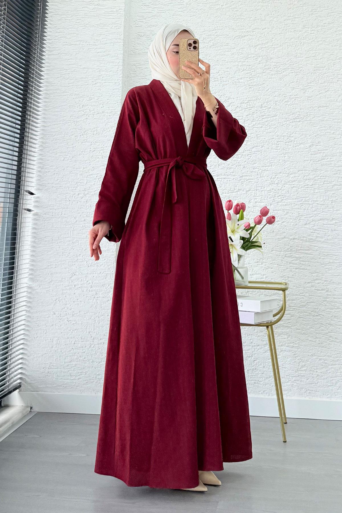Premium Natural Aysha Keten Abaya Takım – Bordo