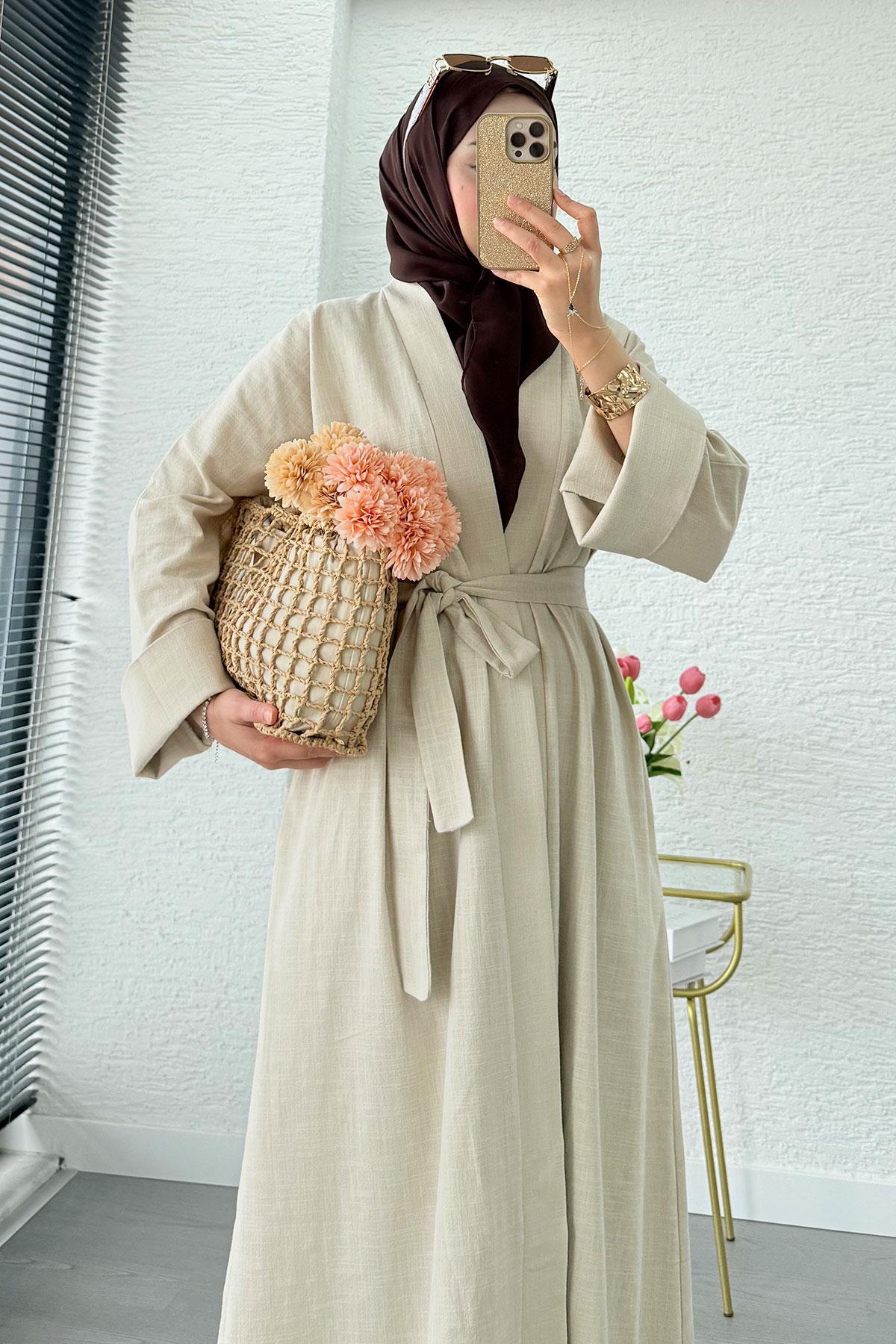 Premium Natural Aysha Keten Abaya Takım – Bej