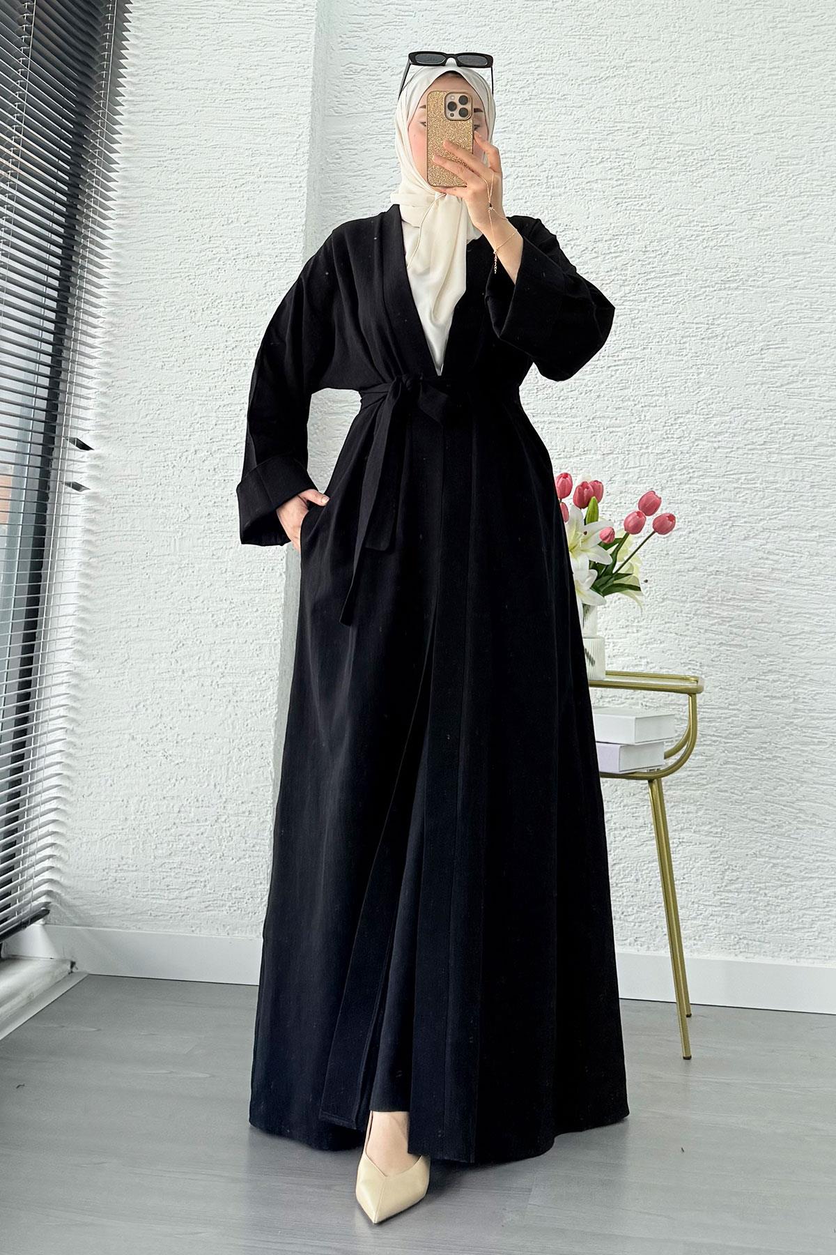 Premium Natural Aysha Keten Abaya Takım – Siyah