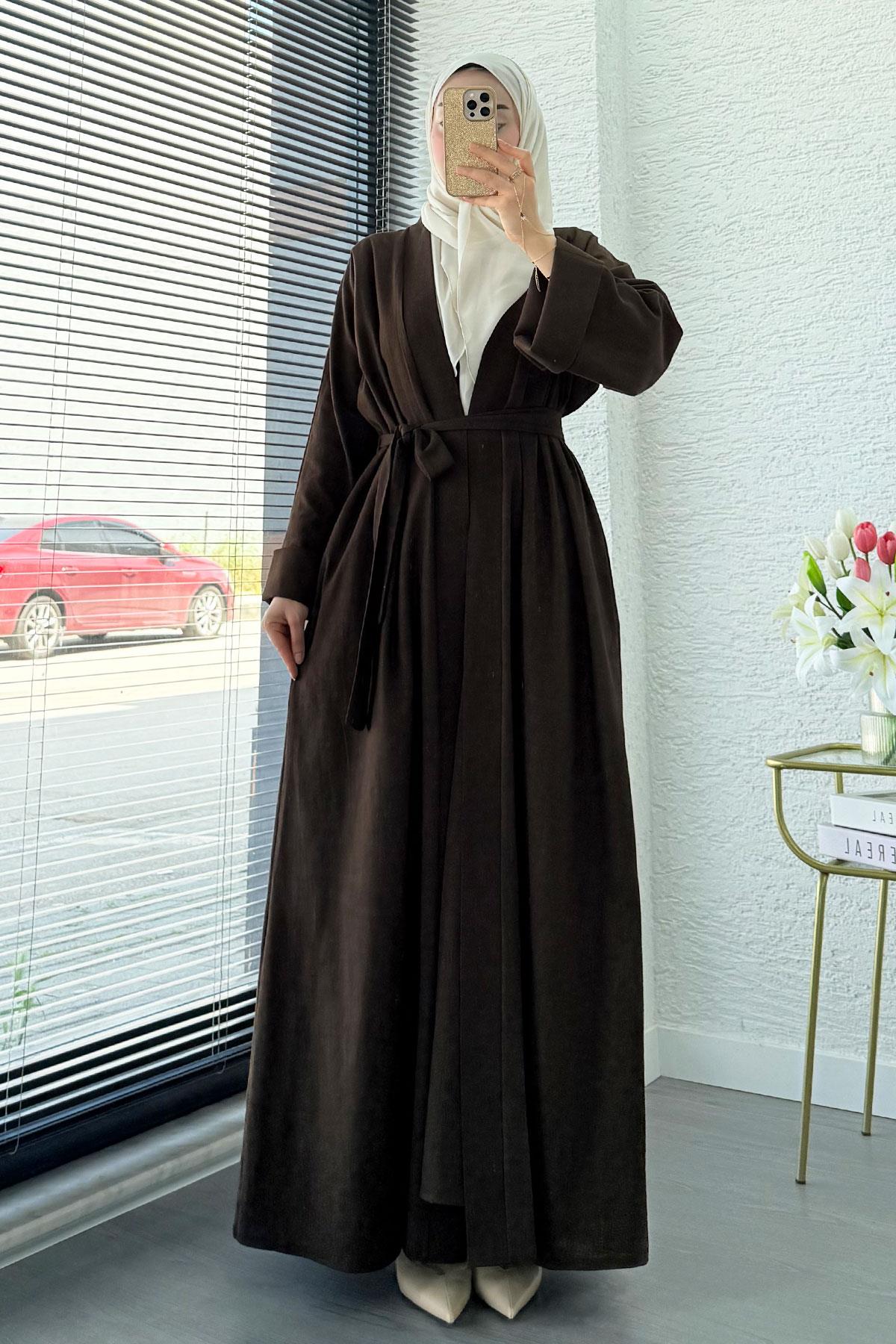 Premium Natural Aysha Keten Abaya Takım – Kahverengi