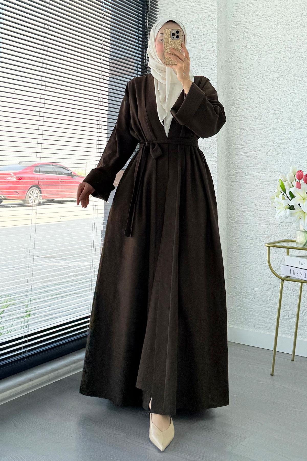 Premium Natural Aysha Keten Abaya Takım – Kahverengi
