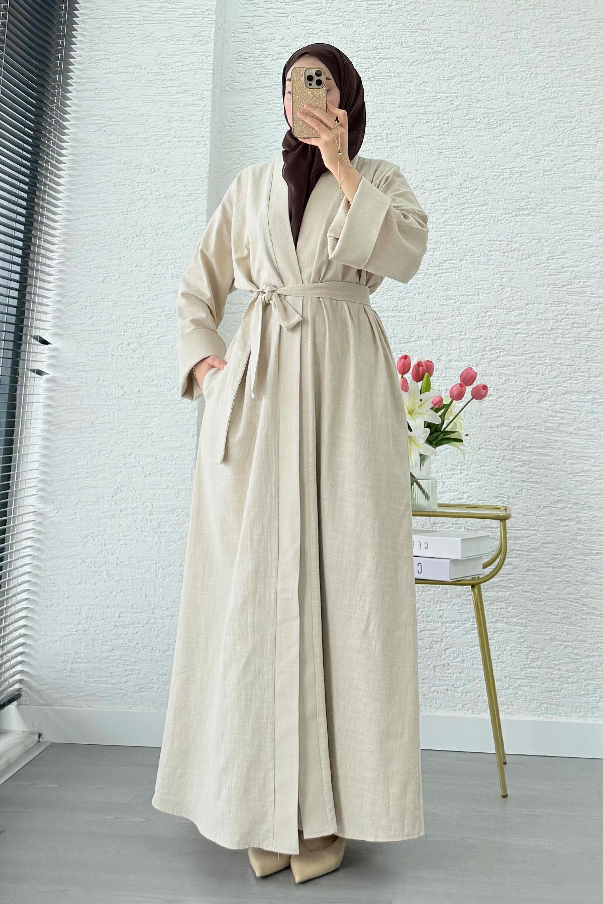 Premium Natural Aysha Keten Abaya Takım – Bej