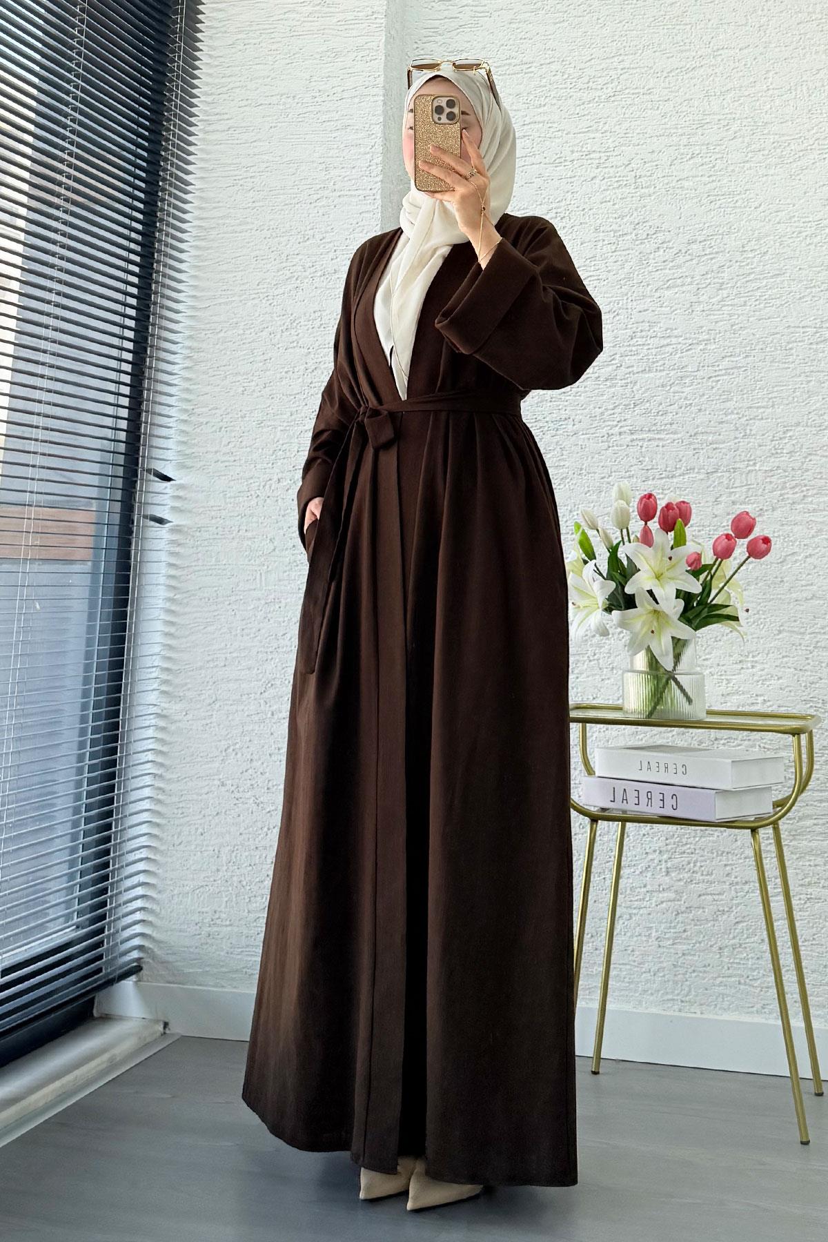 Premium Natural Aysha Keten Abaya Takım – Kahverengi