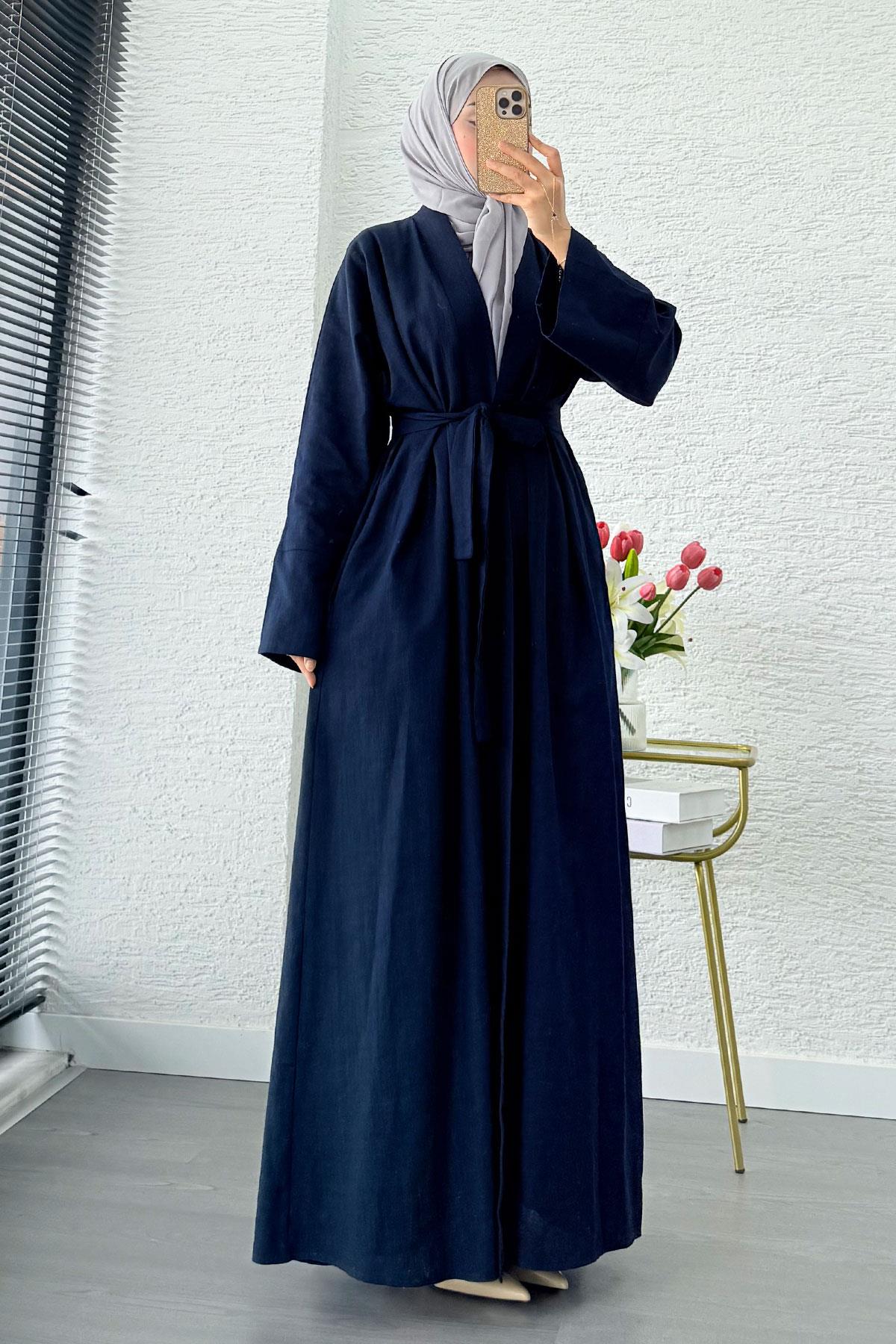 Premium Natural Aysha Keten Abaya Takım – Lacivert
