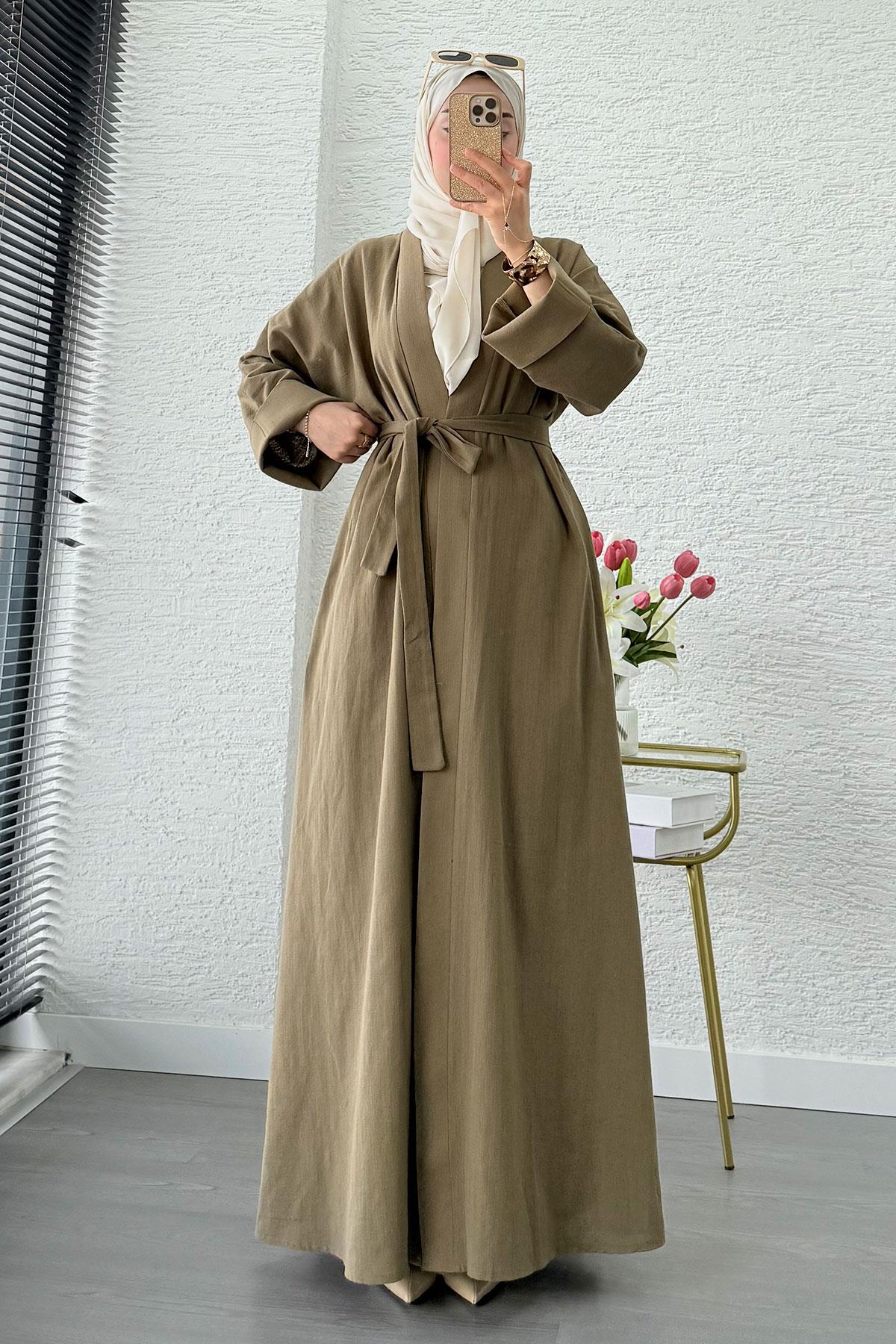 Premium Natural Aysha Keten Abaya Takım – Haki