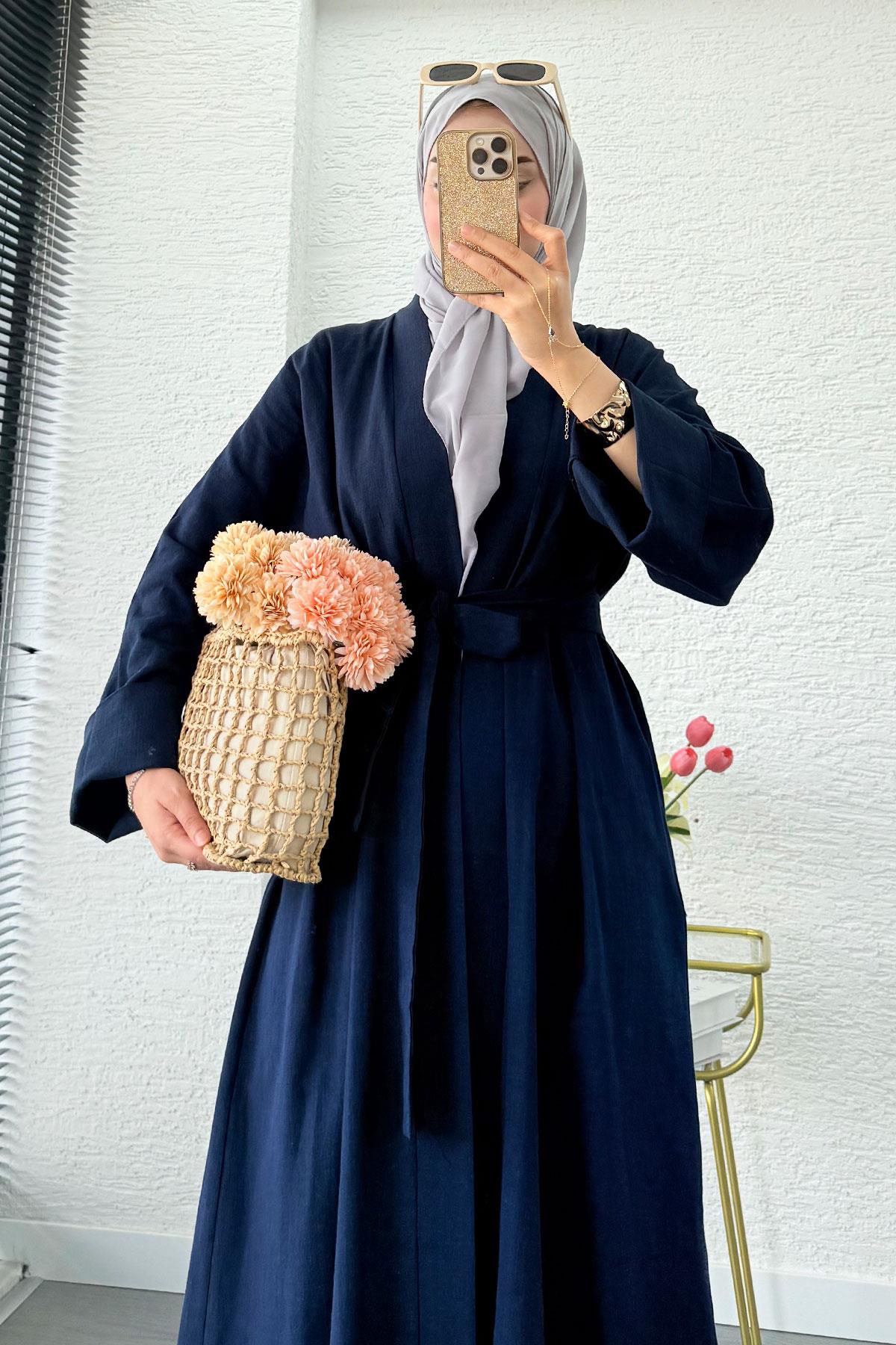 Premium Natural Aysha Keten Abaya Takım – Lacivert