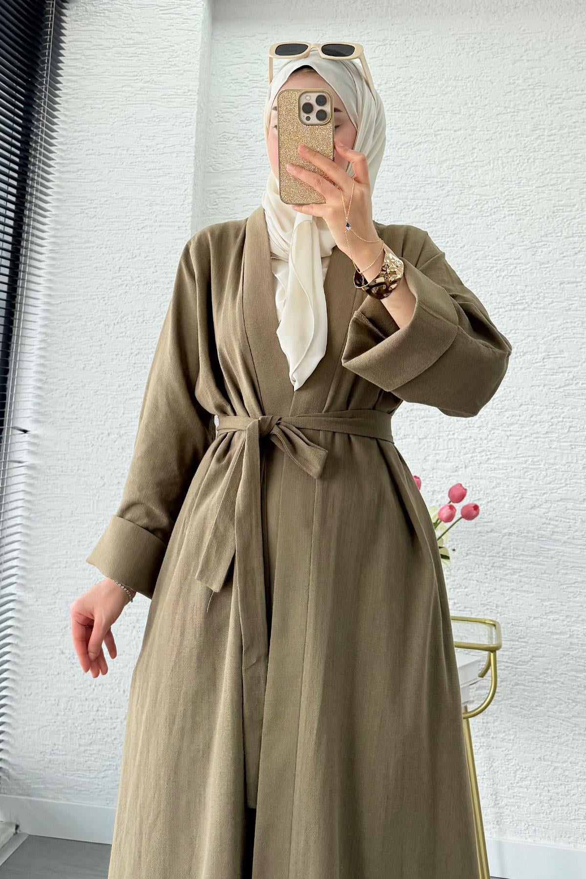 Premium Natural Aysha Keten Abaya Takım – Haki
