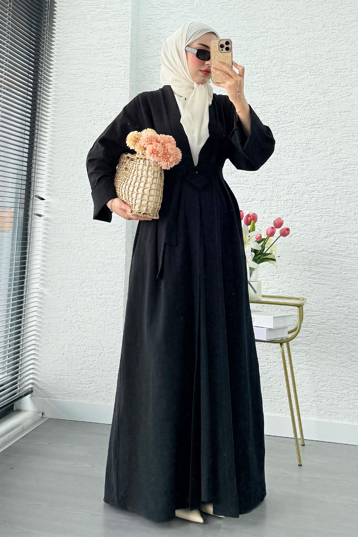 Premium Natural Aysha Keten Abaya Takım – Siyah