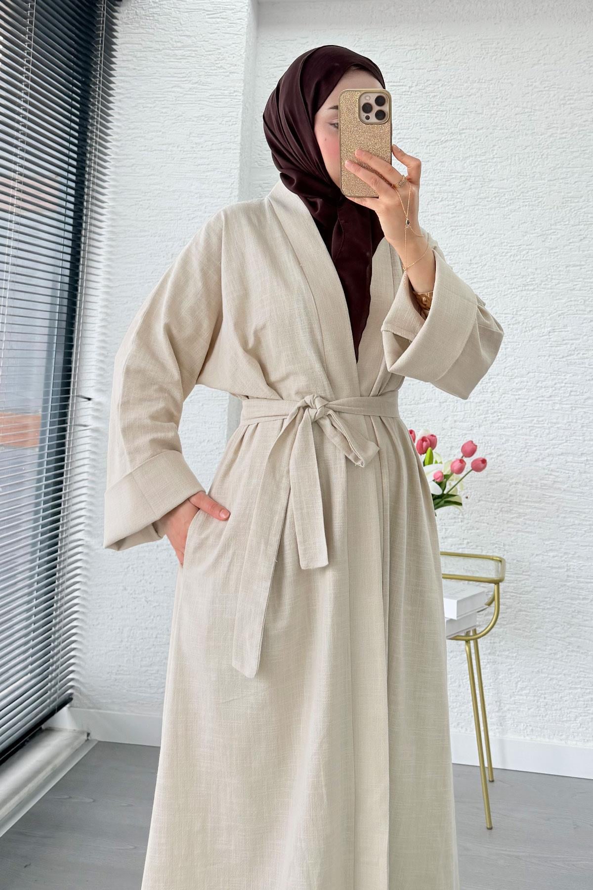 Premium Natural Aysha Keten Abaya Takım – Bej