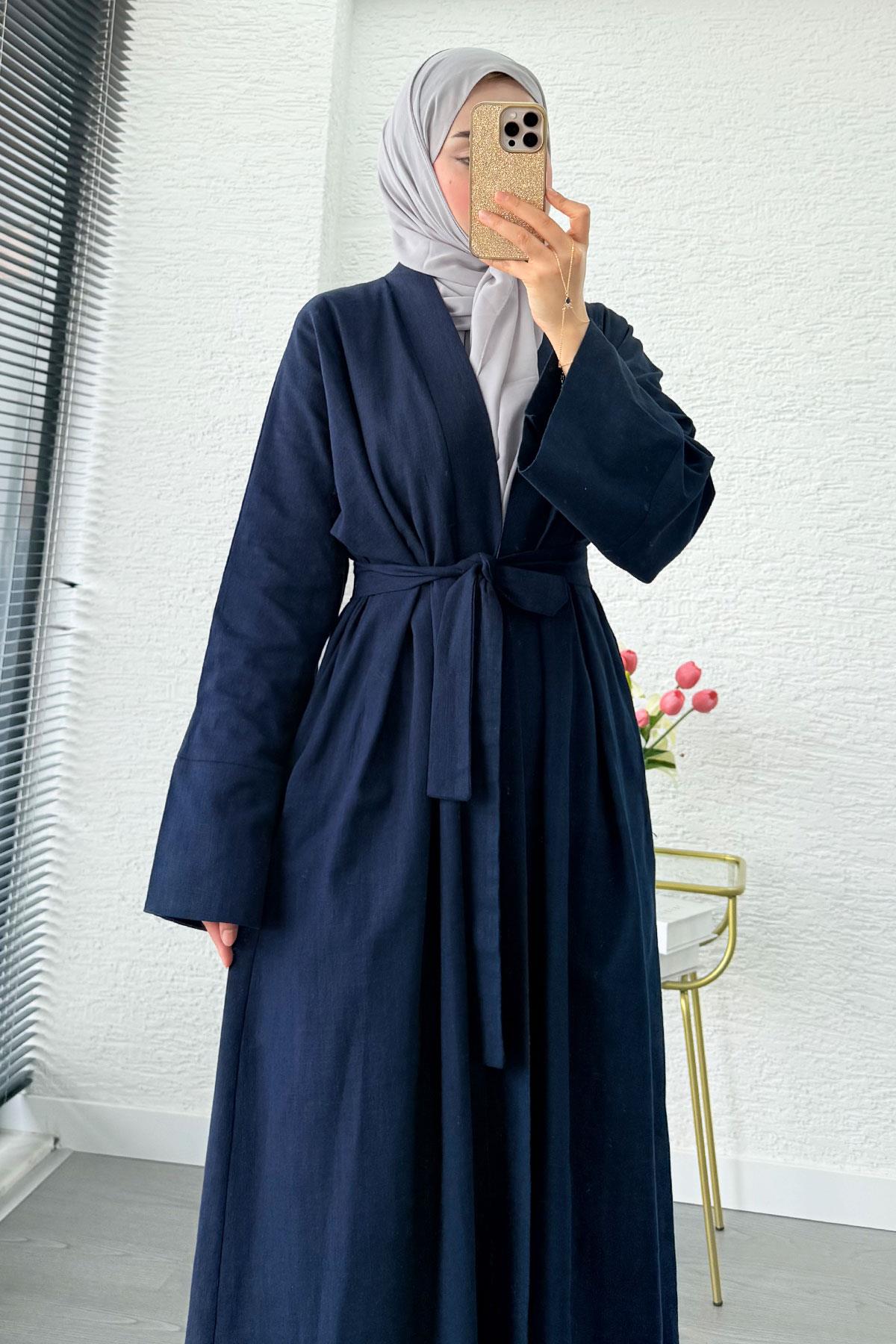 Premium Natural Aysha Keten Abaya Takım – Lacivert