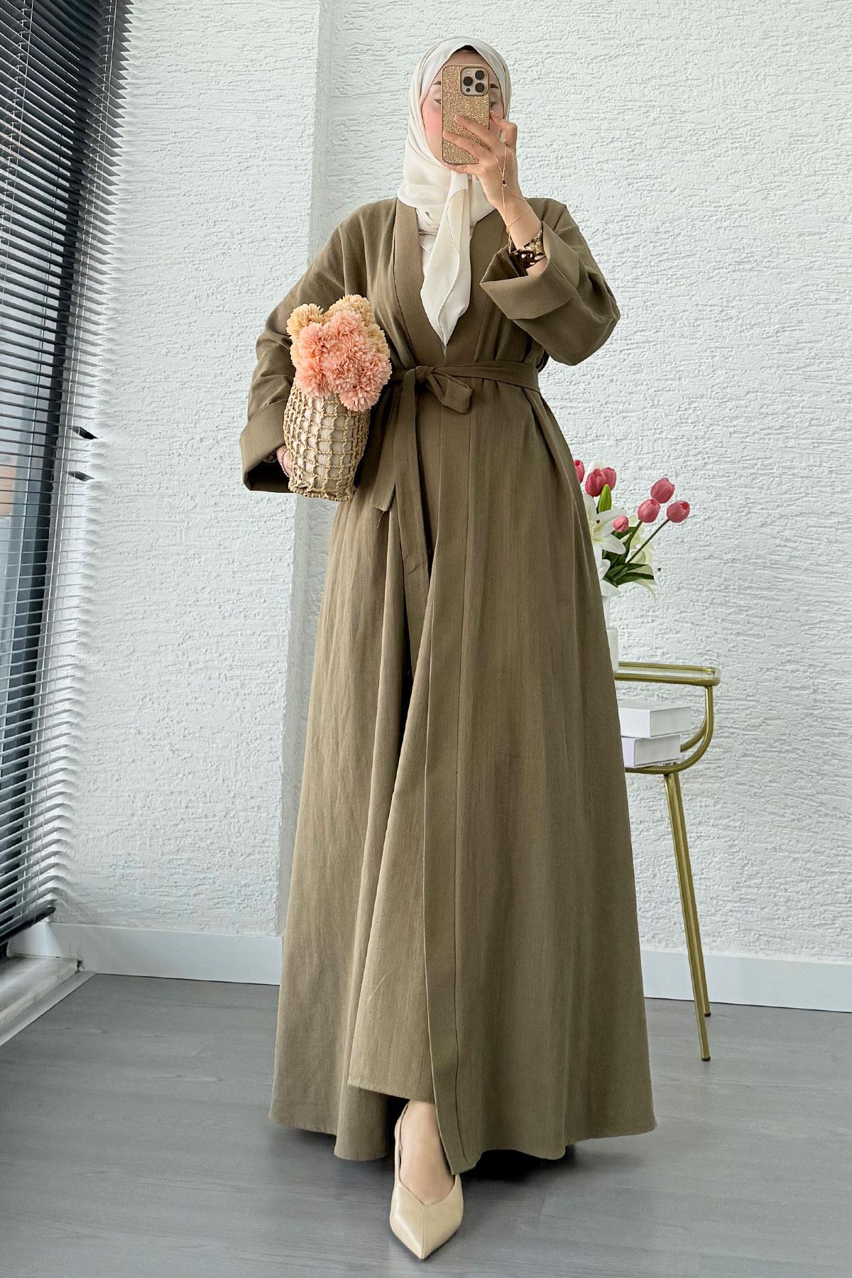 Premium Natural Aysha Keten Abaya Takım – Haki