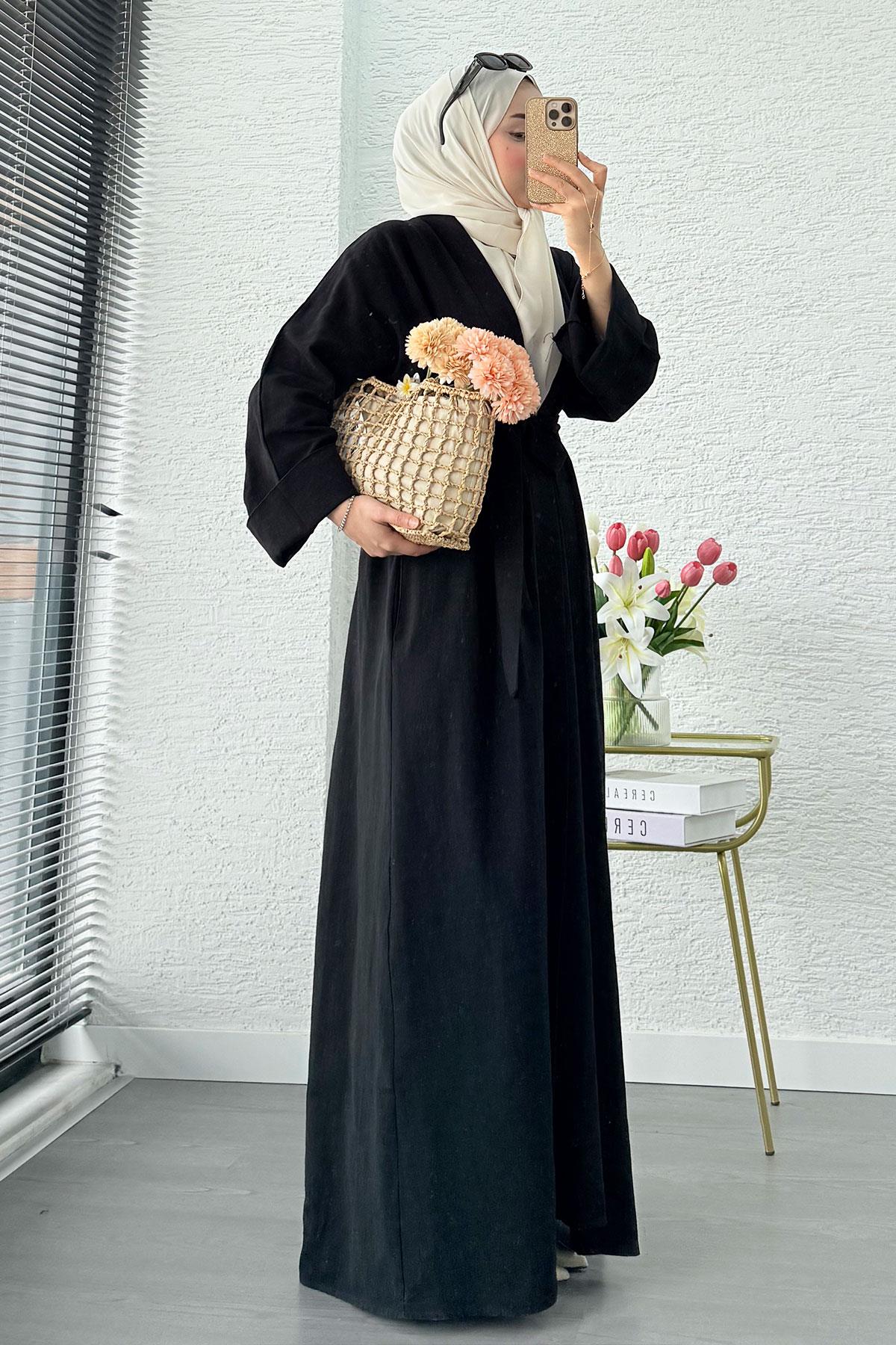 Premium Natural Aysha Keten Abaya Takım – Siyah