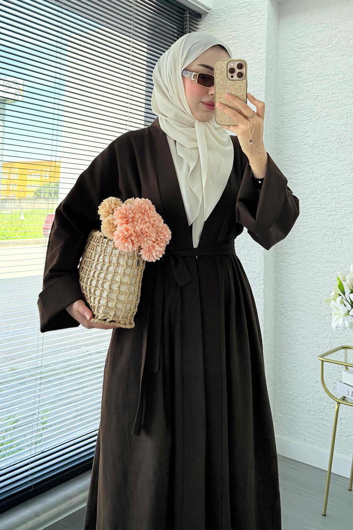 Premium Natural Aysha Keten Abaya Takım – Kahverengi