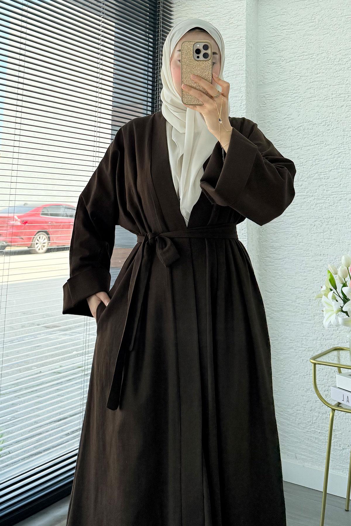 Premium Natural Aysha Keten Abaya Takım – Kahverengi