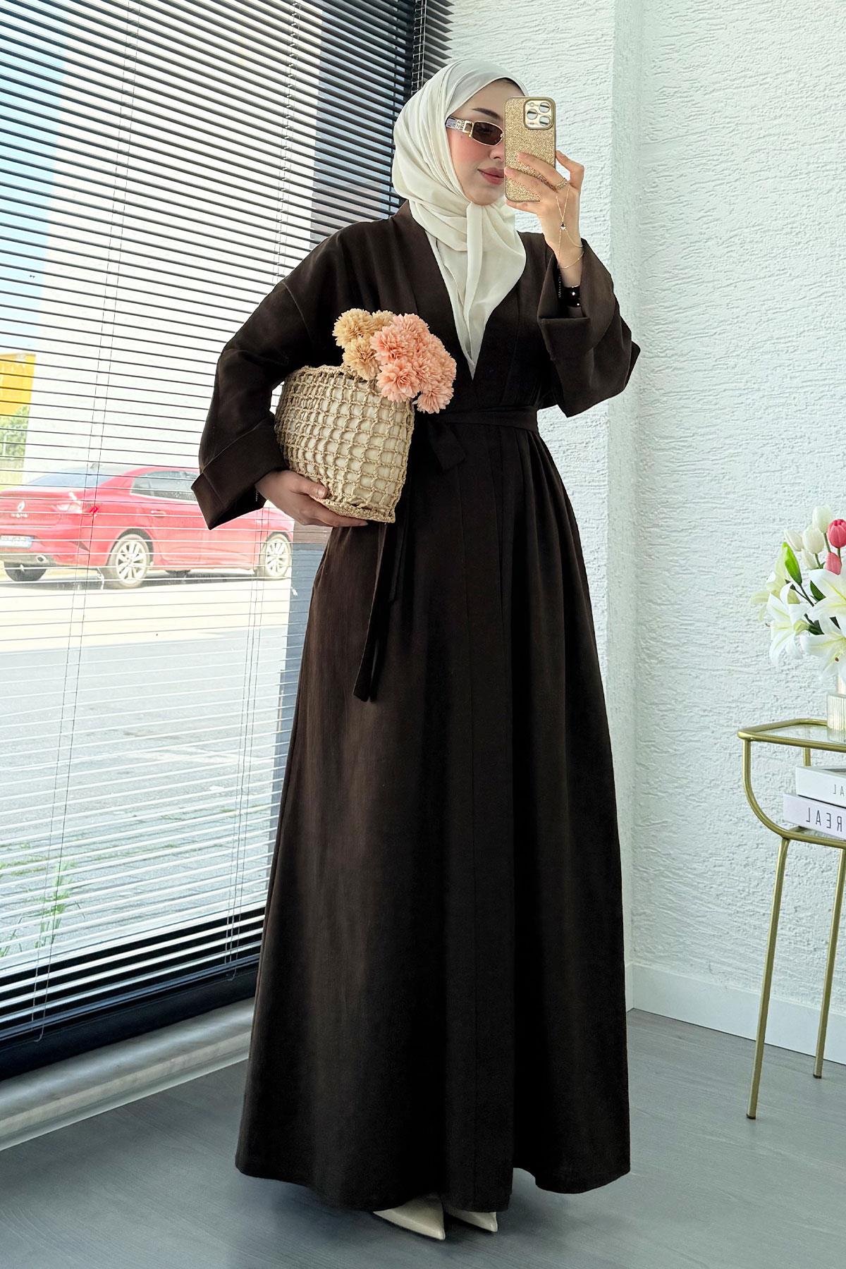 Premium Natural Aysha Keten Abaya Takım – Kahverengi