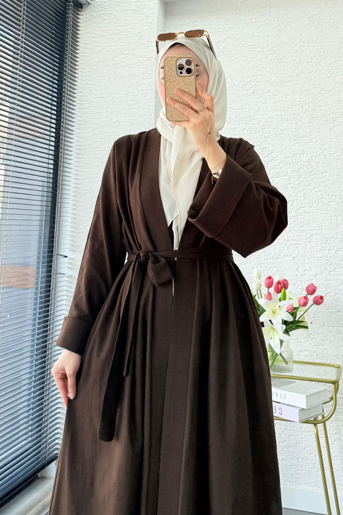 Premium Natural Aysha Keten Abaya Takım – Kahverengi