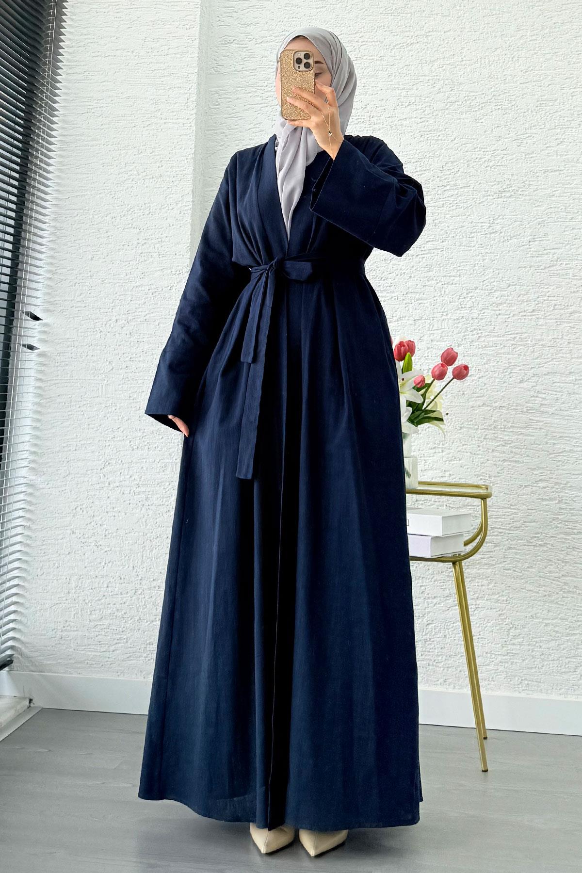 Premium Natural Aysha Keten Abaya Takım – Lacivert