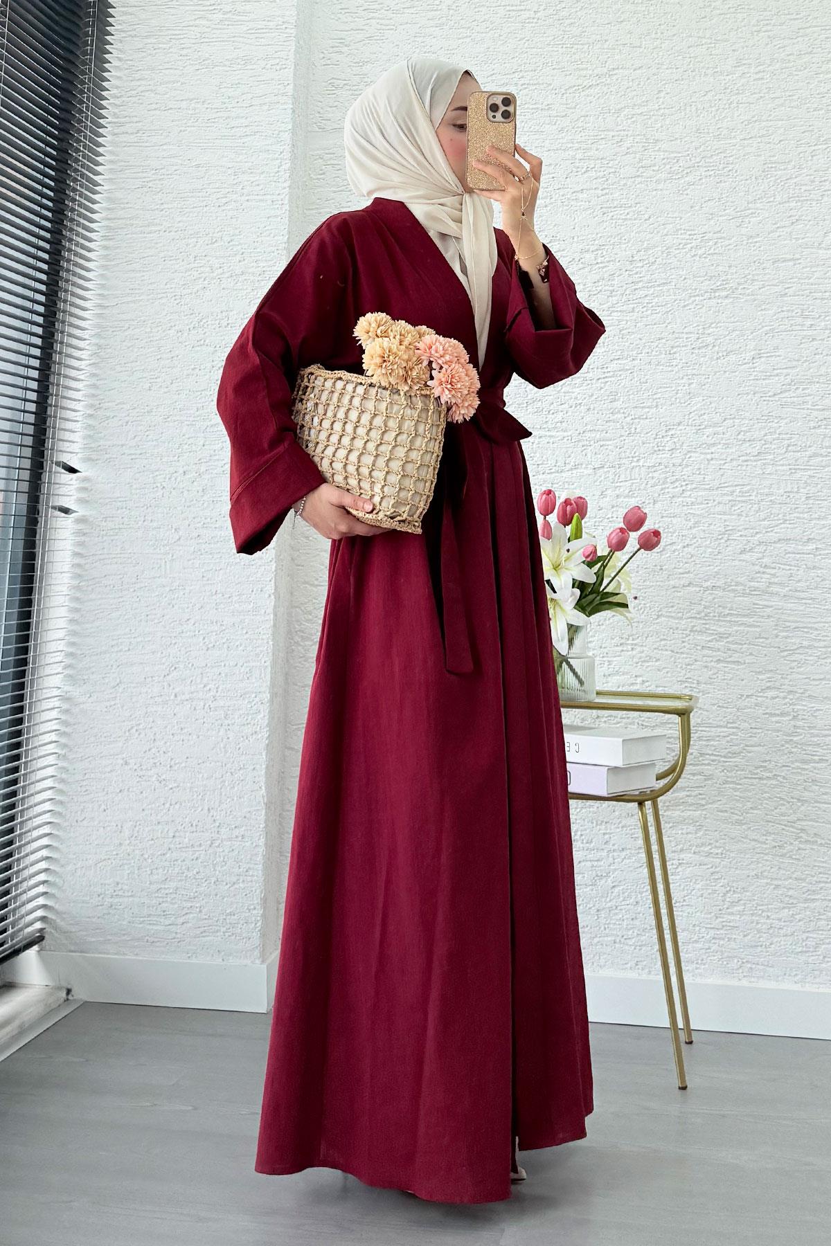 Premium Natural Aysha Keten Abaya Takım – Bordo