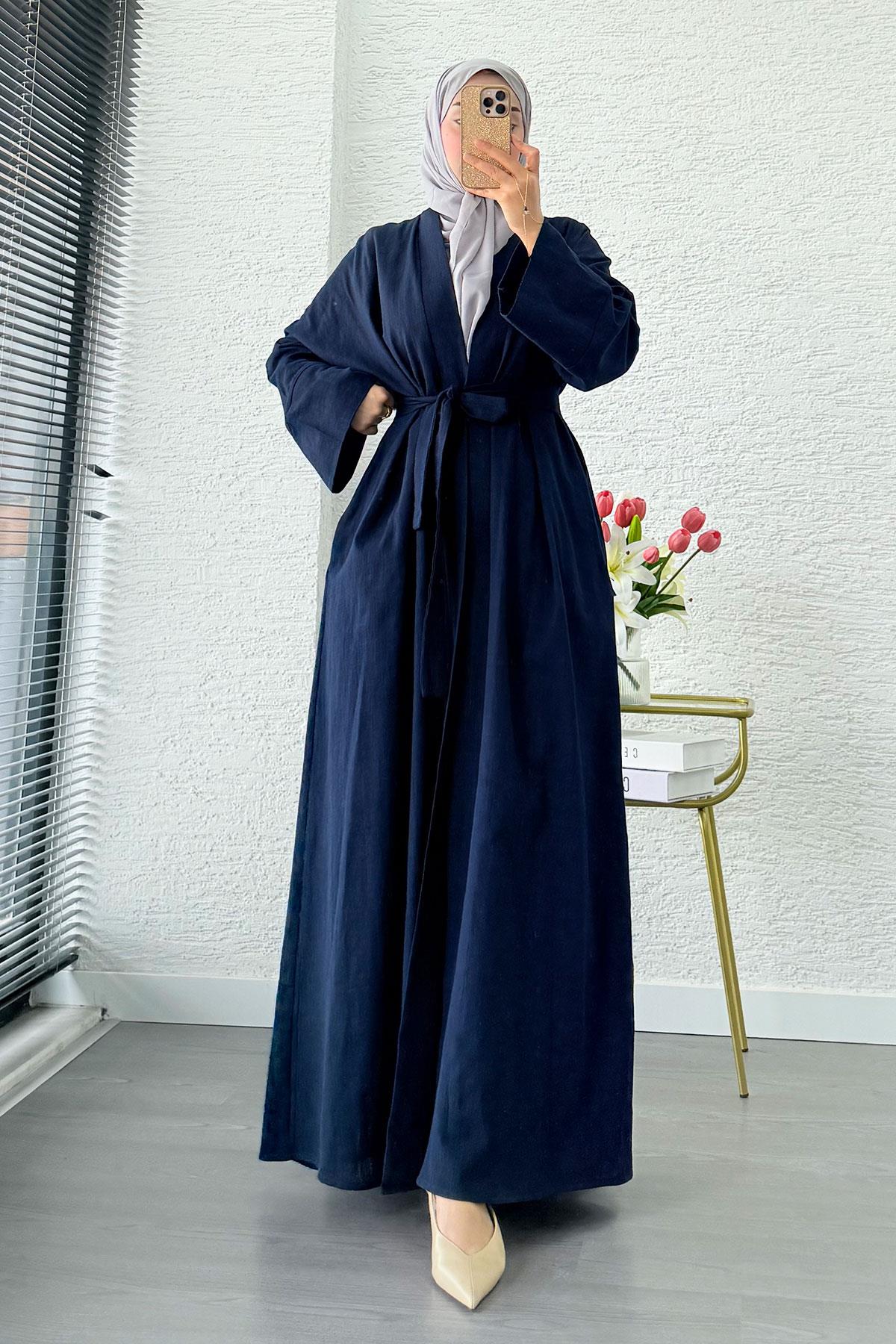 Premium Natural Aysha Keten Abaya Takım – Lacivert